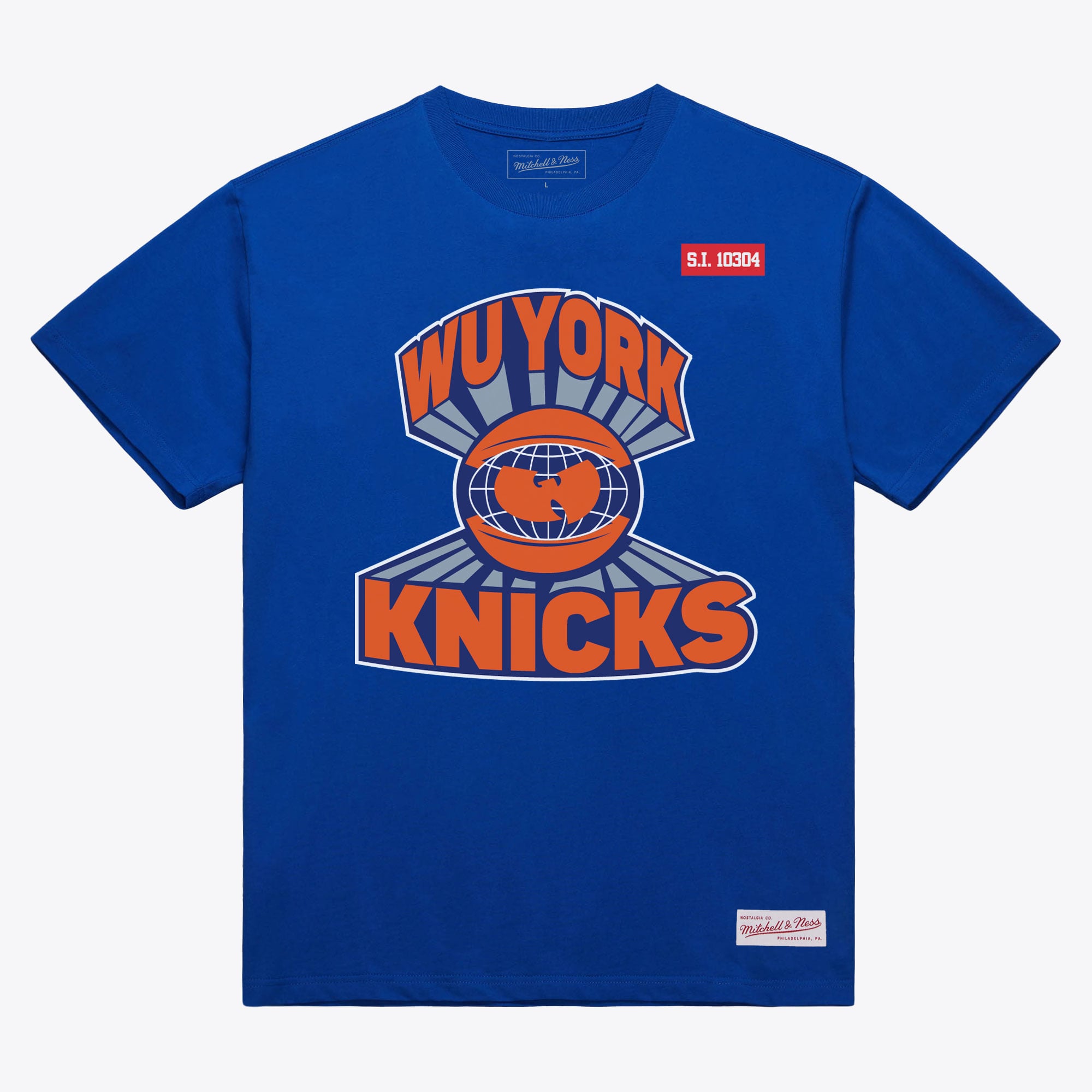 Men's Mitchell & Ness Blue New York Knicks x Wu-Tang Wu York T-Shirt: retailer-supplied image