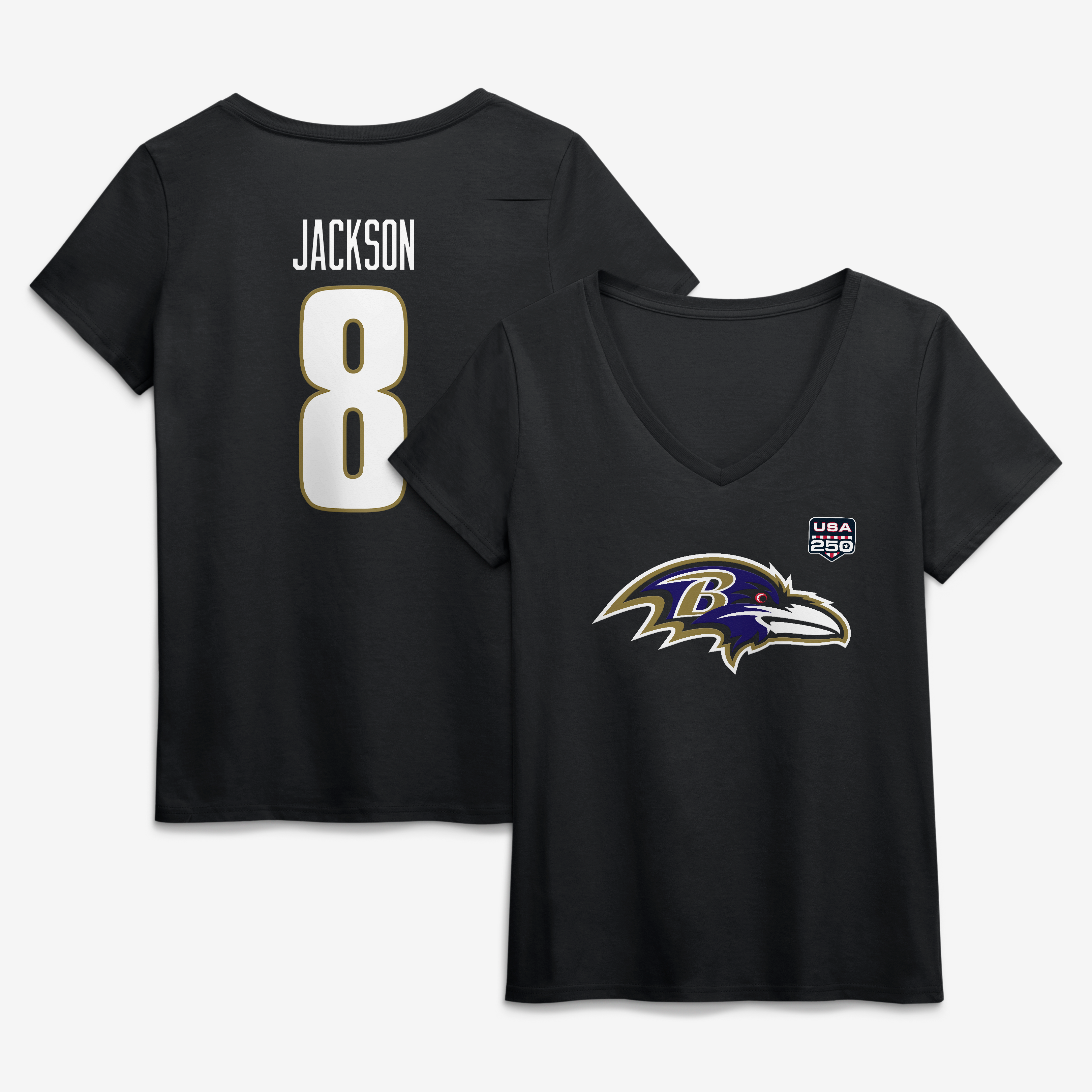 Women's Lamar Jackson Black Baltimore Ravens USA 250 Name & Number V-Neck T-Shirt
