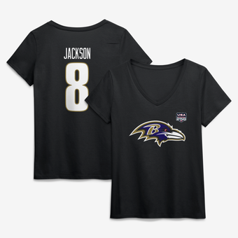 Women's Lamar Jackson Black Baltimore Ravens USA 250 Name & Number V-Neck T-Shirt