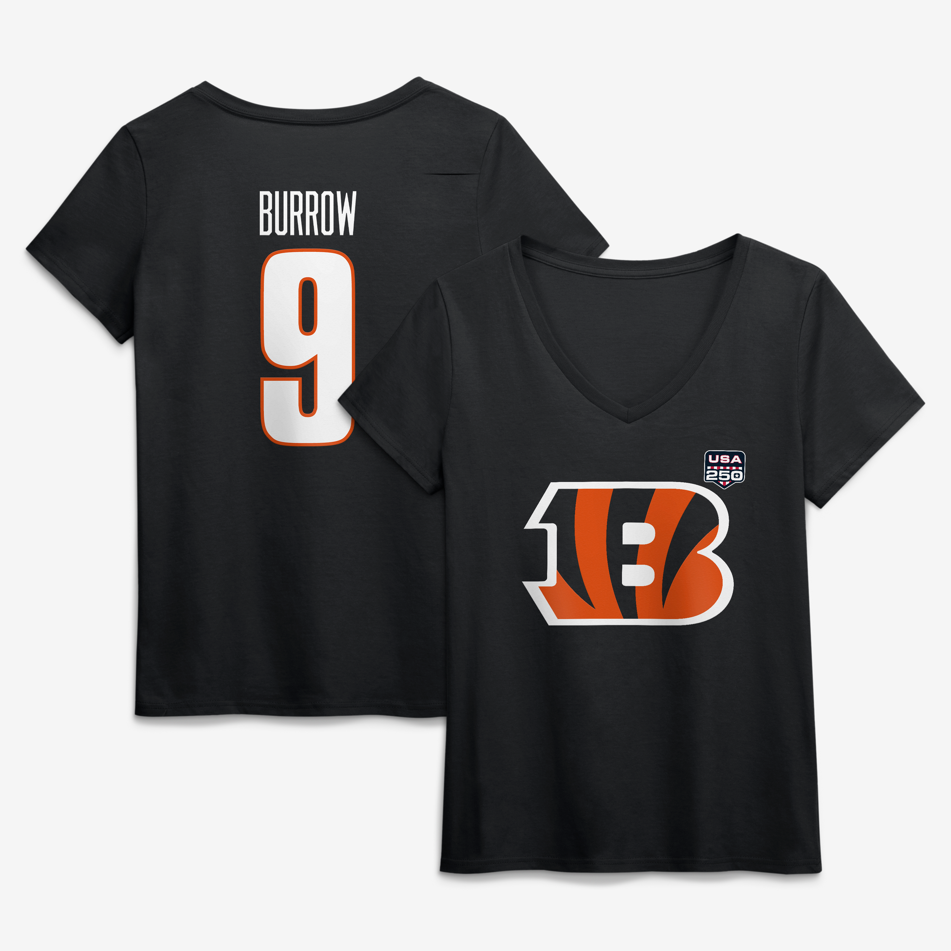 Women's Joe Burrow Black Cincinnati Bengals USA 250 Name & Number V-Neck T-Shirt