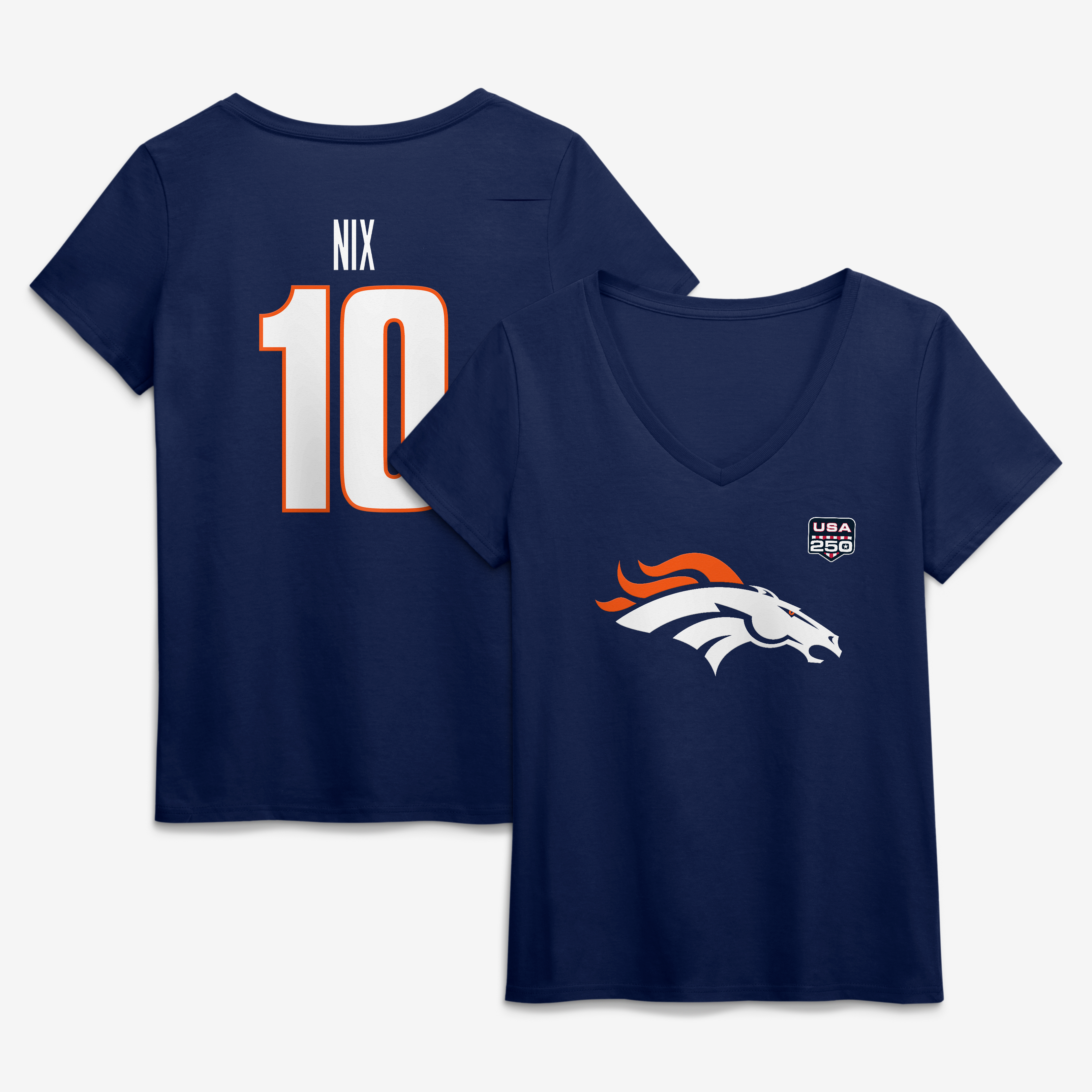 Women's Bo Nix Navy Denver Broncos USA 250 Name & Number V-Neck T-Shirt