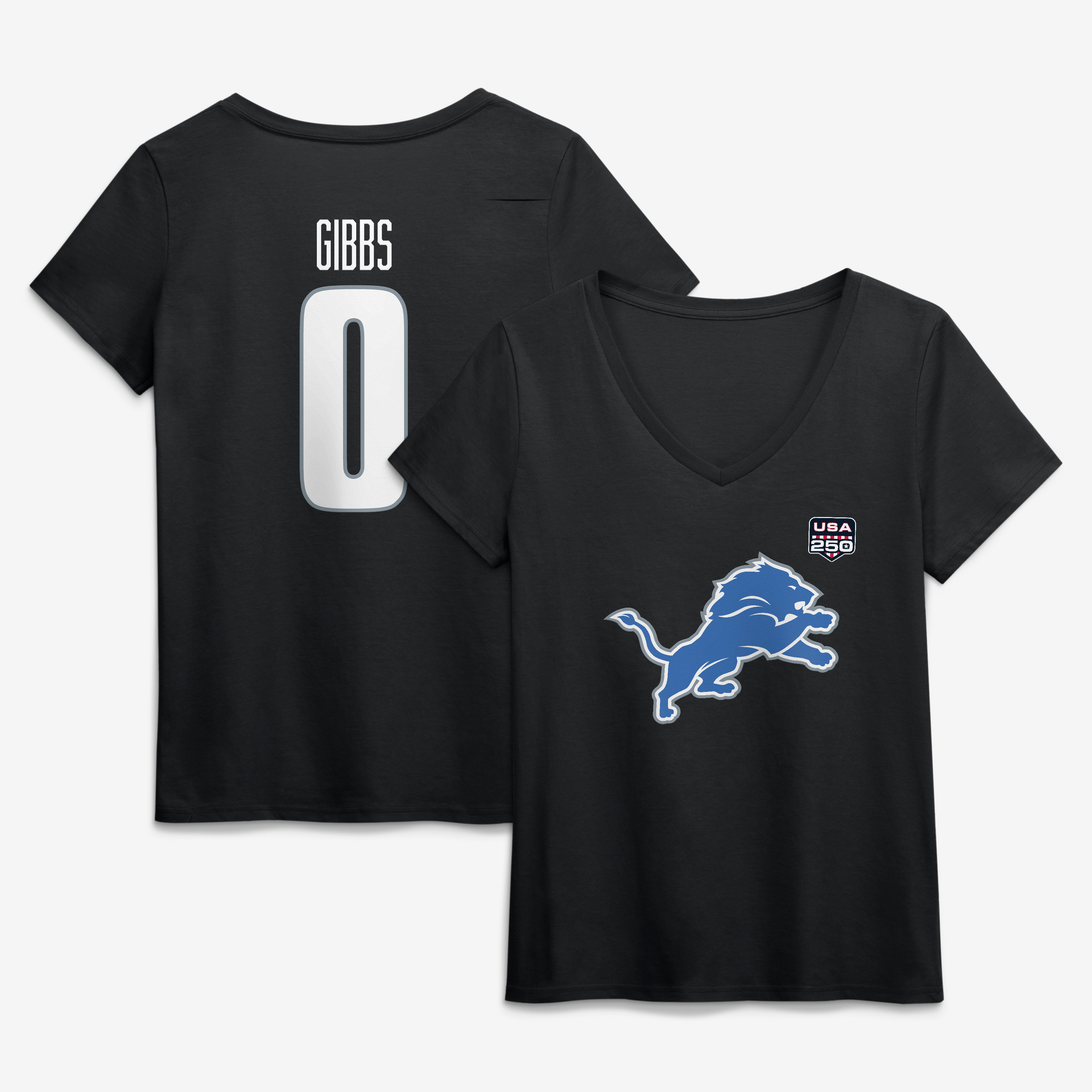 Women's Jahmyr Gibbs Black Detroit Lions USA 250 Name & Number V-Neck T-Shirt