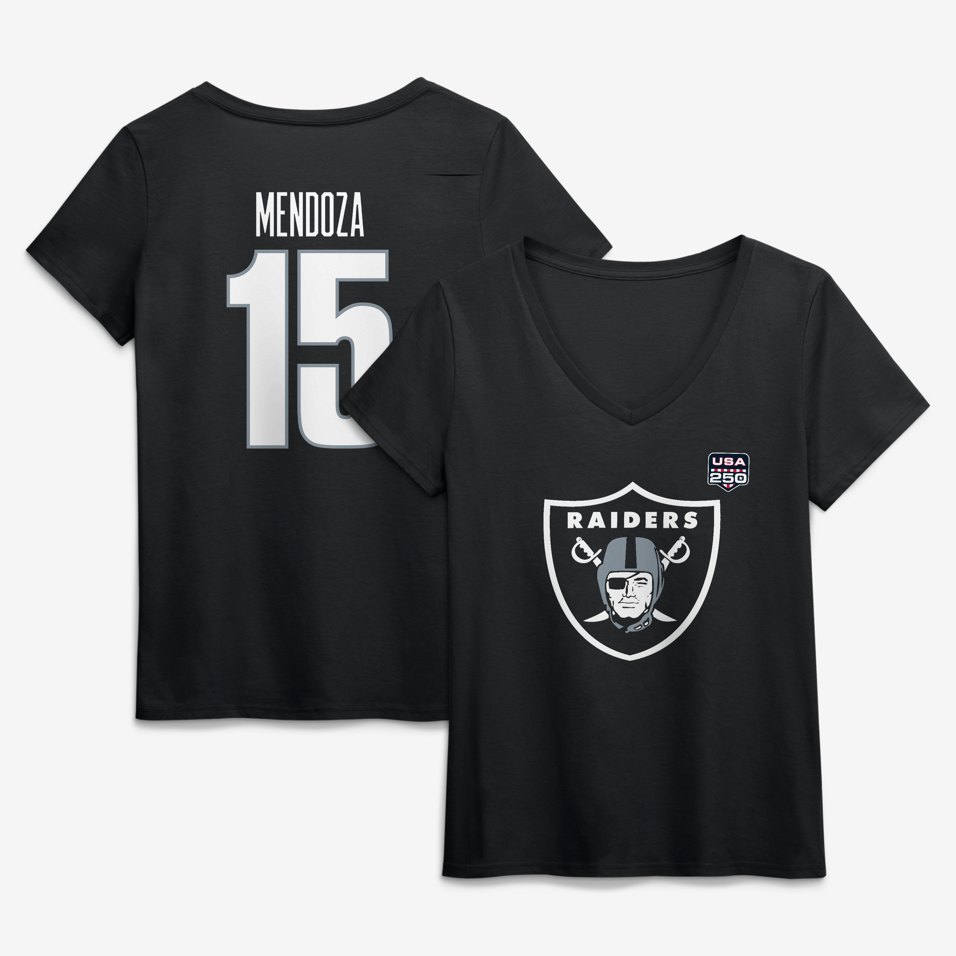 Women's Fernando Mendoza Black Las Vegas Raiders USA 250 Name & Number V-Neck T-Shirt