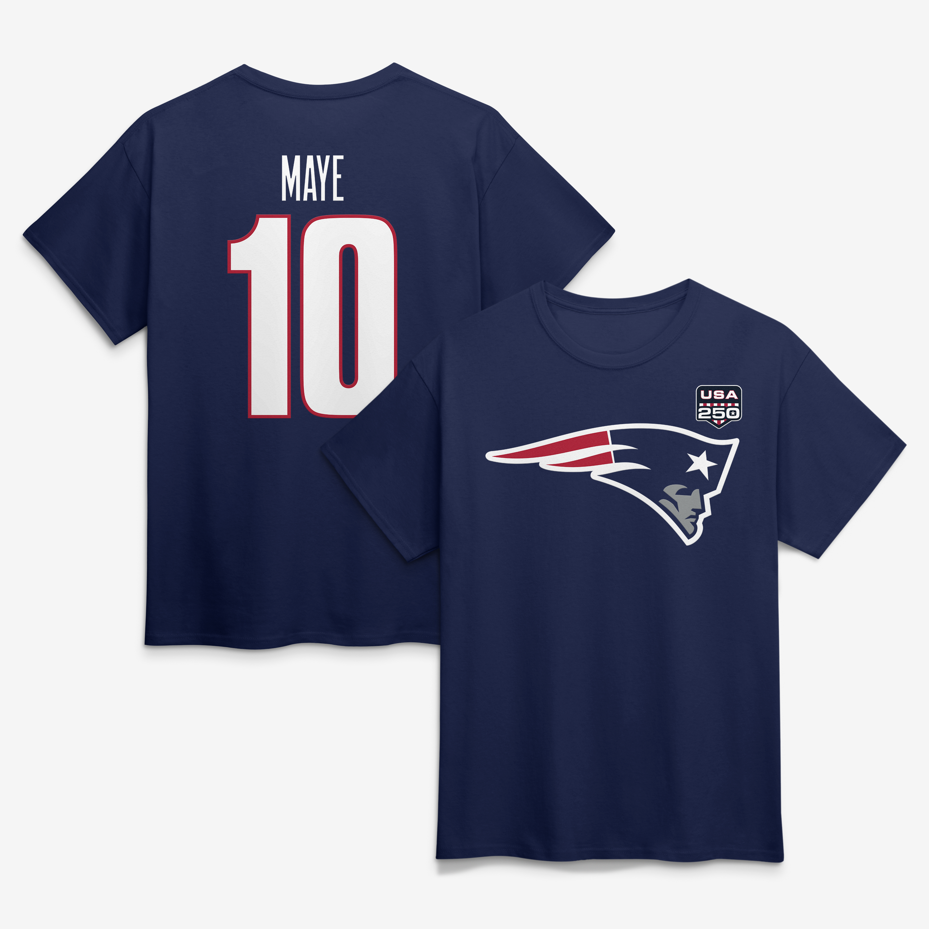 Men's Drake Maye Navy New England Patriots USA 250 Name & Number T-Shirt