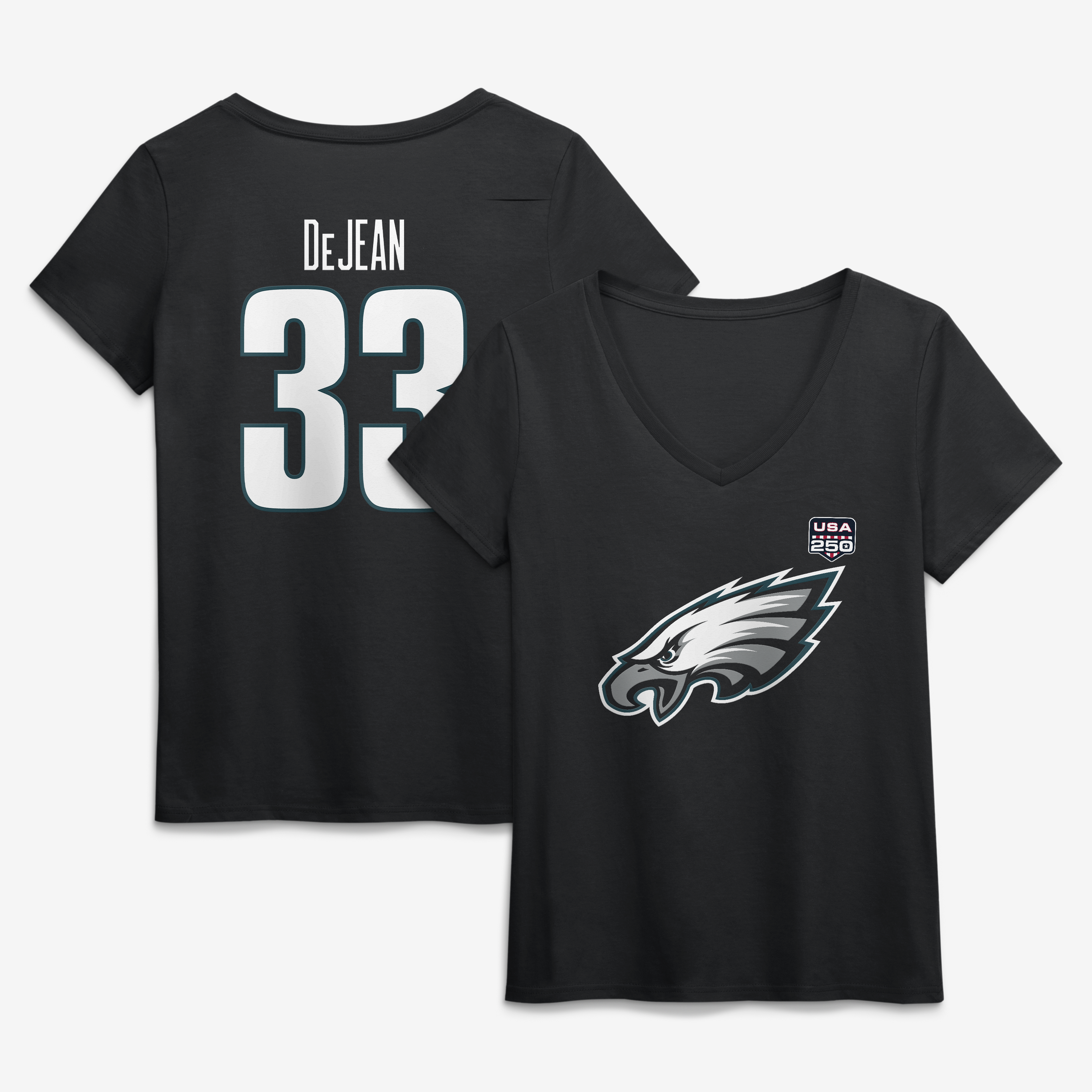 Women's Cooper DeJean Black Philadelphia Eagles USA 250 Name & Number V-Neck T-Shirt