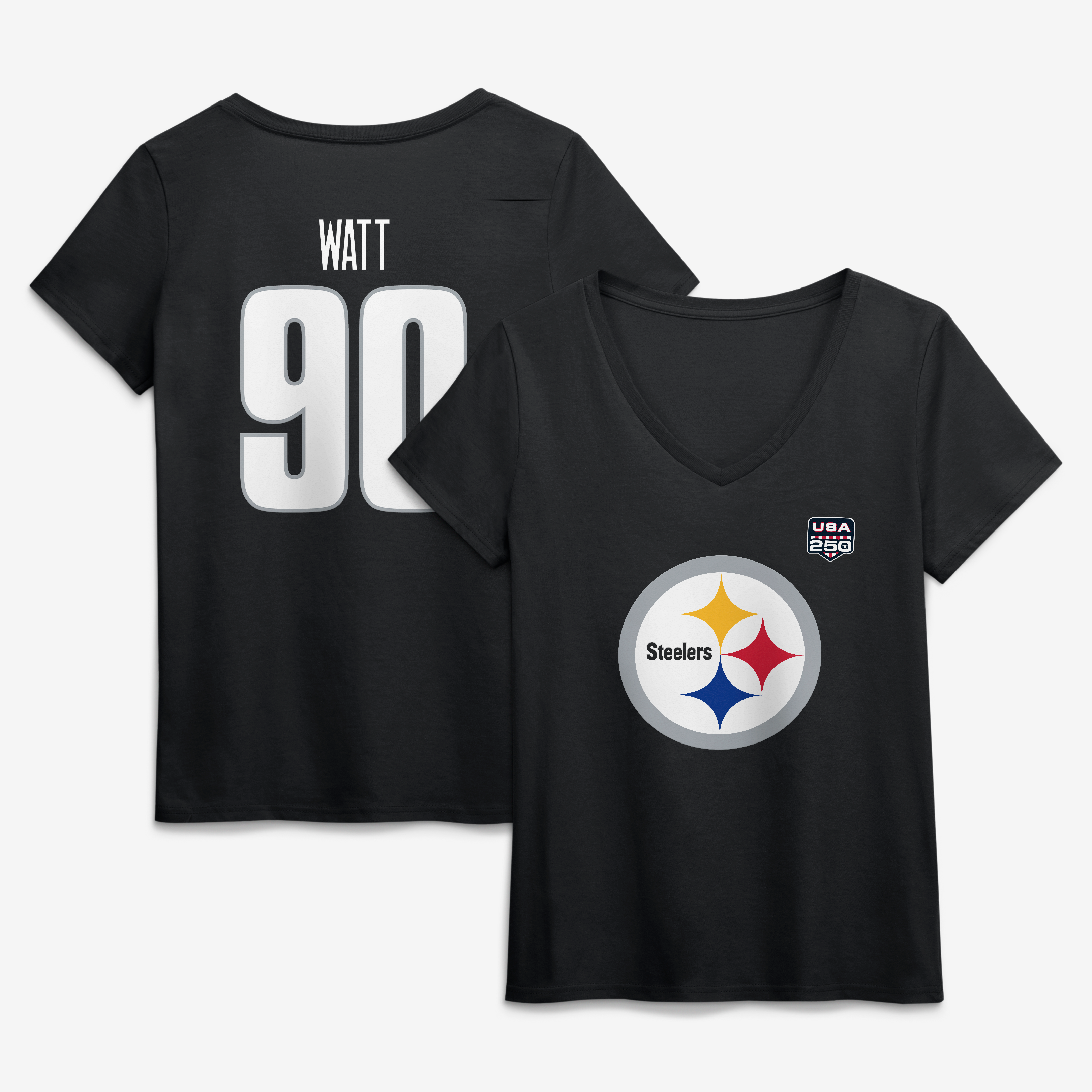 Women's T.J. Watt Black Pittsburgh Steelers USA 250 Name & Number V-Neck T-Shirt
