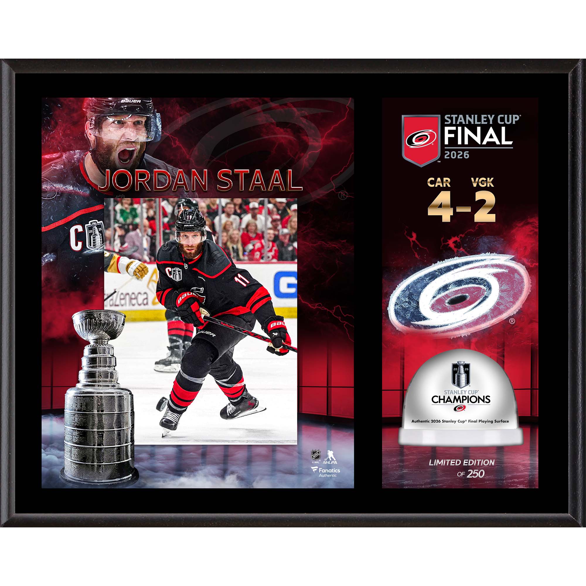 Jordan Staal Carolina Hurricanes 2026 Stanley Cup Champions 12'' x 15'' Sublimated Plaque with Game-Used Ice from the 2026 Stanley Cup Final - Limited Edition of 250