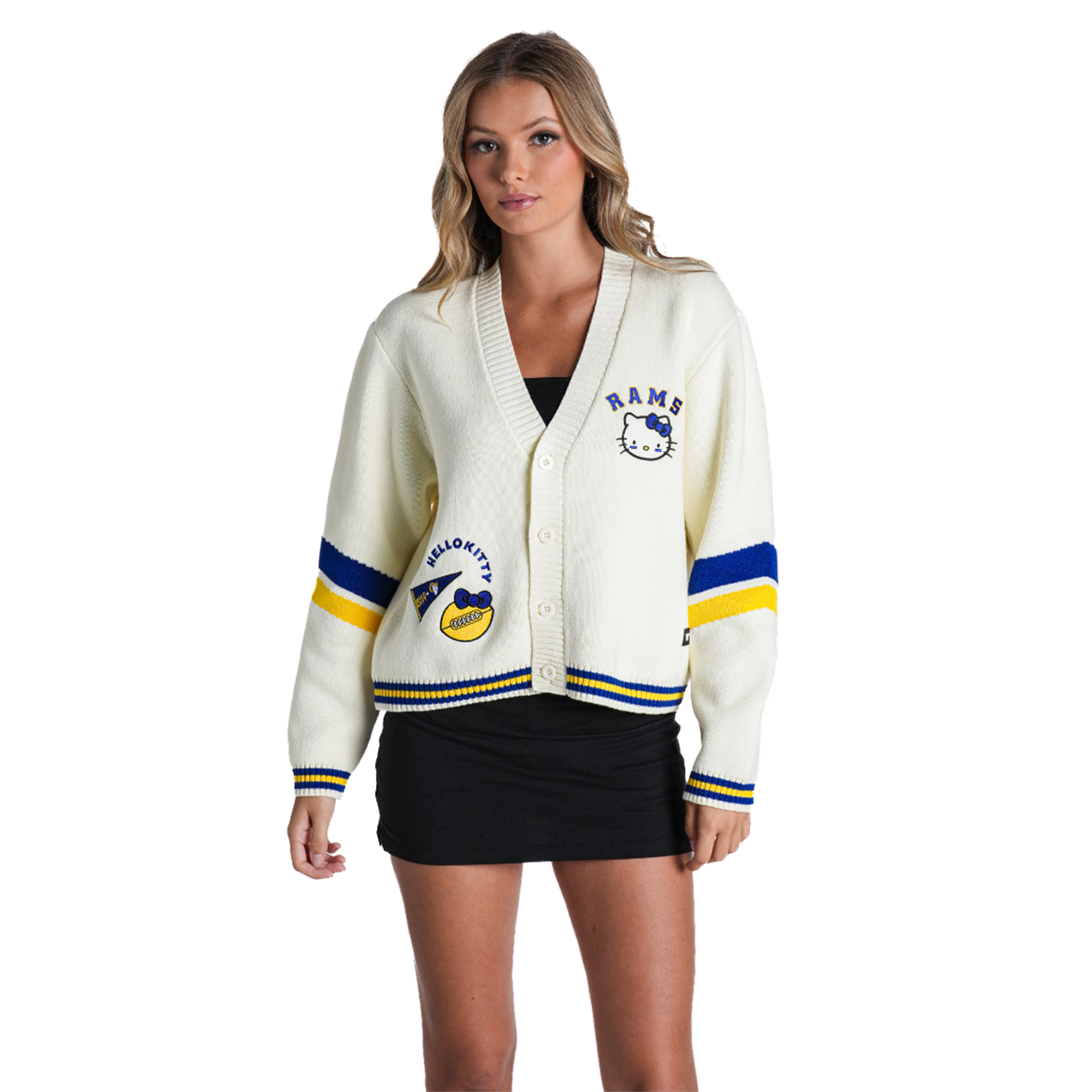Women's The Wild Collective x Hello Kitty Cream Los Angeles Rams Full-Button Cardigan