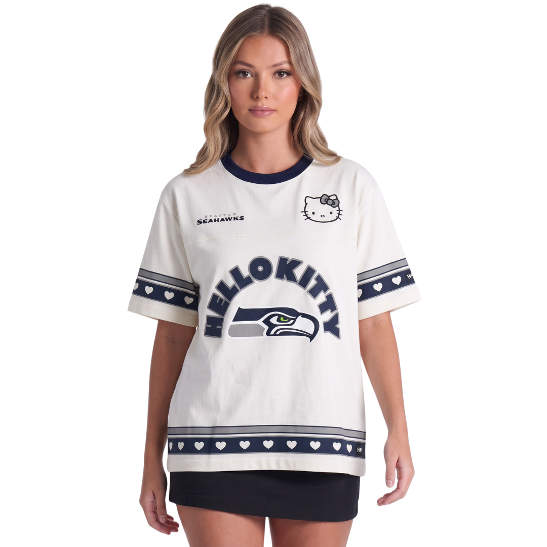Women's The Wild Collective x Hello Kitty Cream Seattle Seahawks Oversized T-Shirt