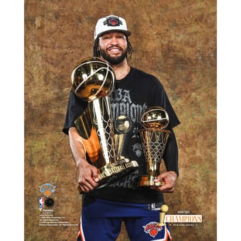 Jalen Brunson New York Knicks Unsigned 2026 NBA Finals Champions Posing with Larry O' Brien Championship & MVP Trophy