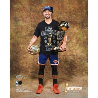 Josh Hart New York Knicks Unsigned 2026 NBA Finals Champions Posing with Larry O' Brien Championship Trophy Photograph