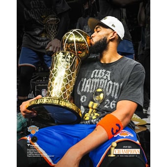 Karl-Anthony Towns New York Knicks Unsigned 2026 NBA Finals Champions Kissing Larry O' Brien Championship Trophy Spotlight Photograph