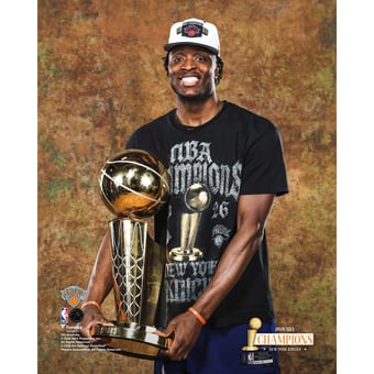 OG Anunoby New York Knicks Unsigned 2026 NBA Finals Champions Posing with Larry O' Brien Championship Trophy Photograph