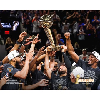 New York Knicks Unsigned 2026 NBA Finals Champions Raising Larry O' Brien Championship Trophy Photograph