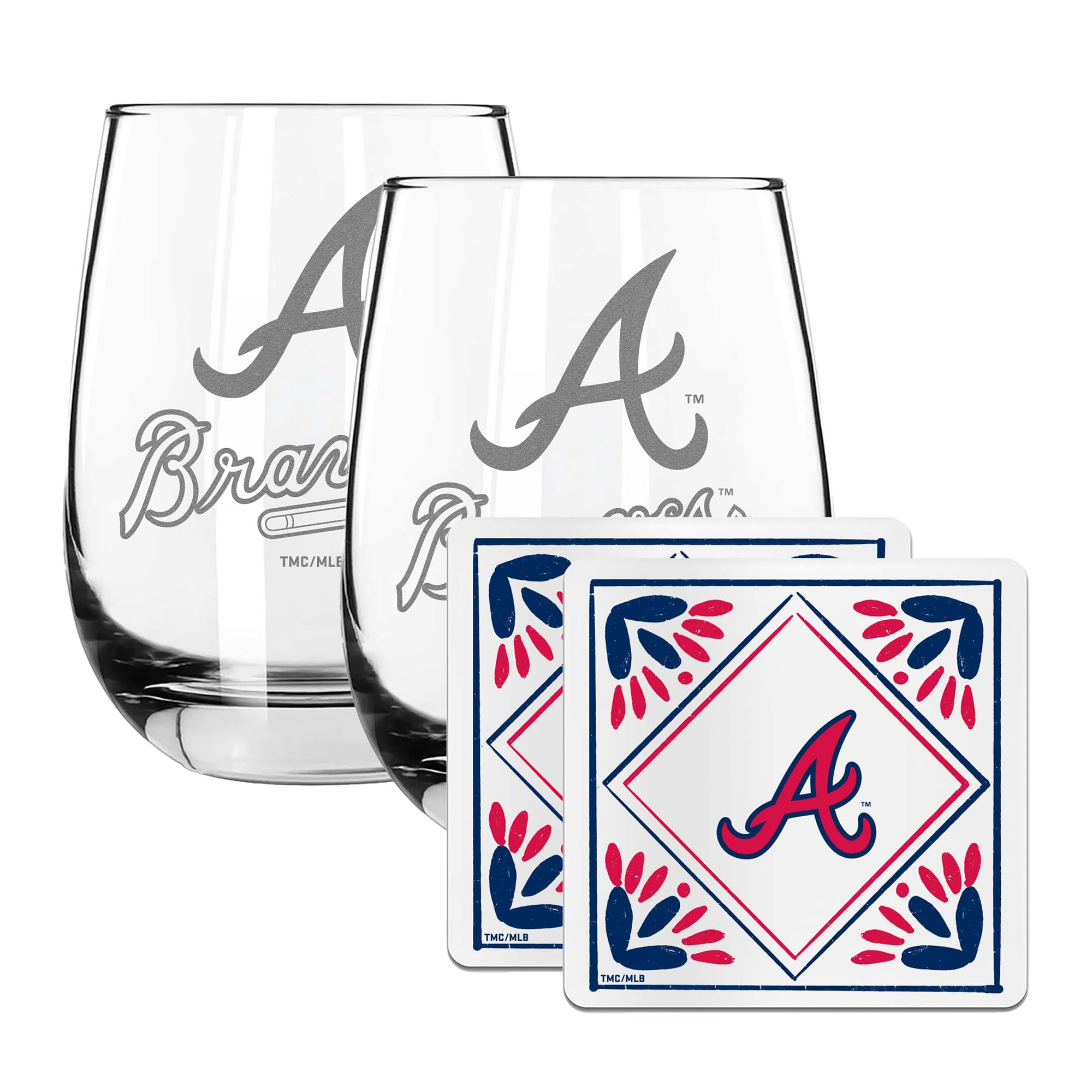 The Memory Company Atlanta Braves 15oz. Stemless Wine Glass & Coaster Set
