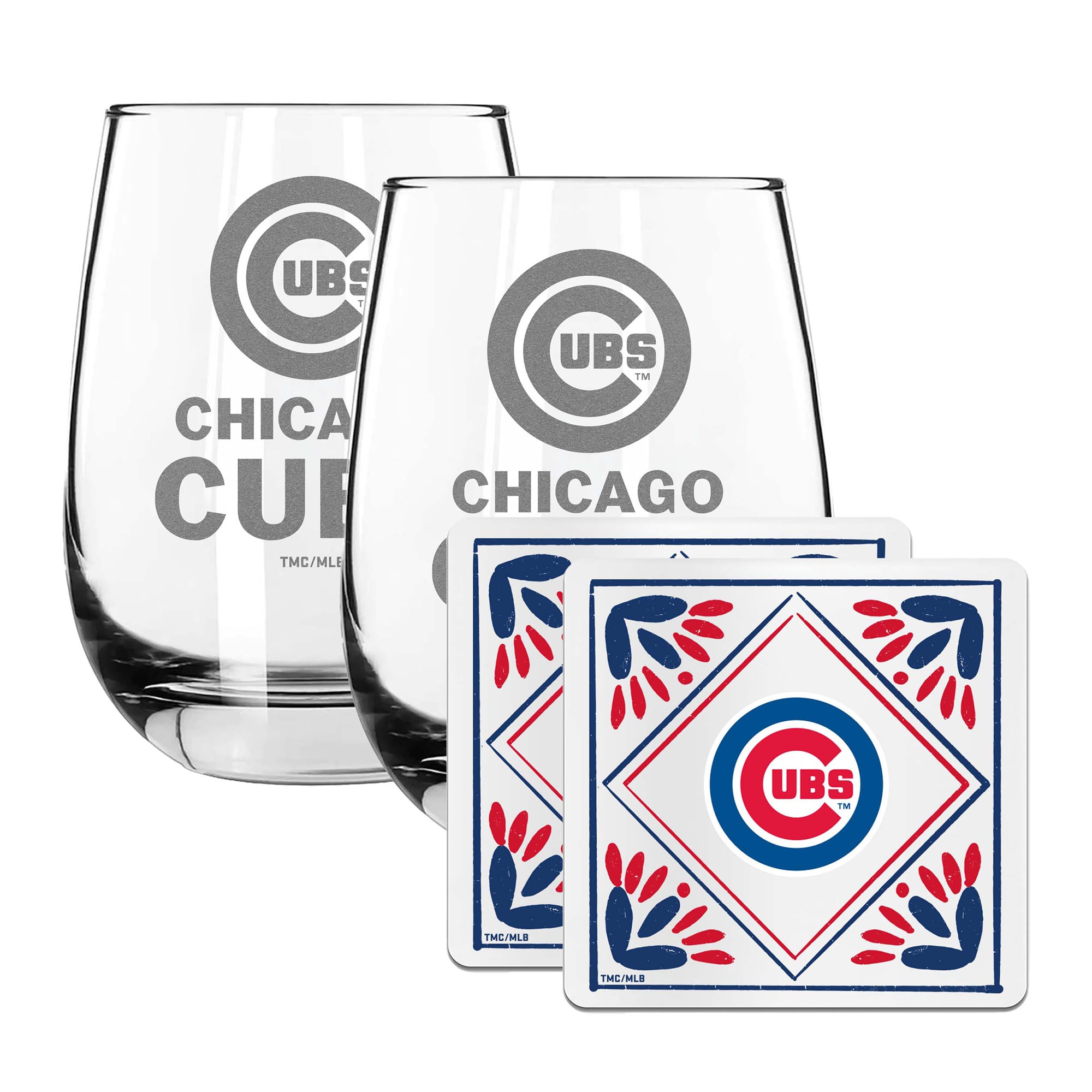 The Memory Company Chicago Cubs 15oz. Stemless Wine Glass & Coaster Set