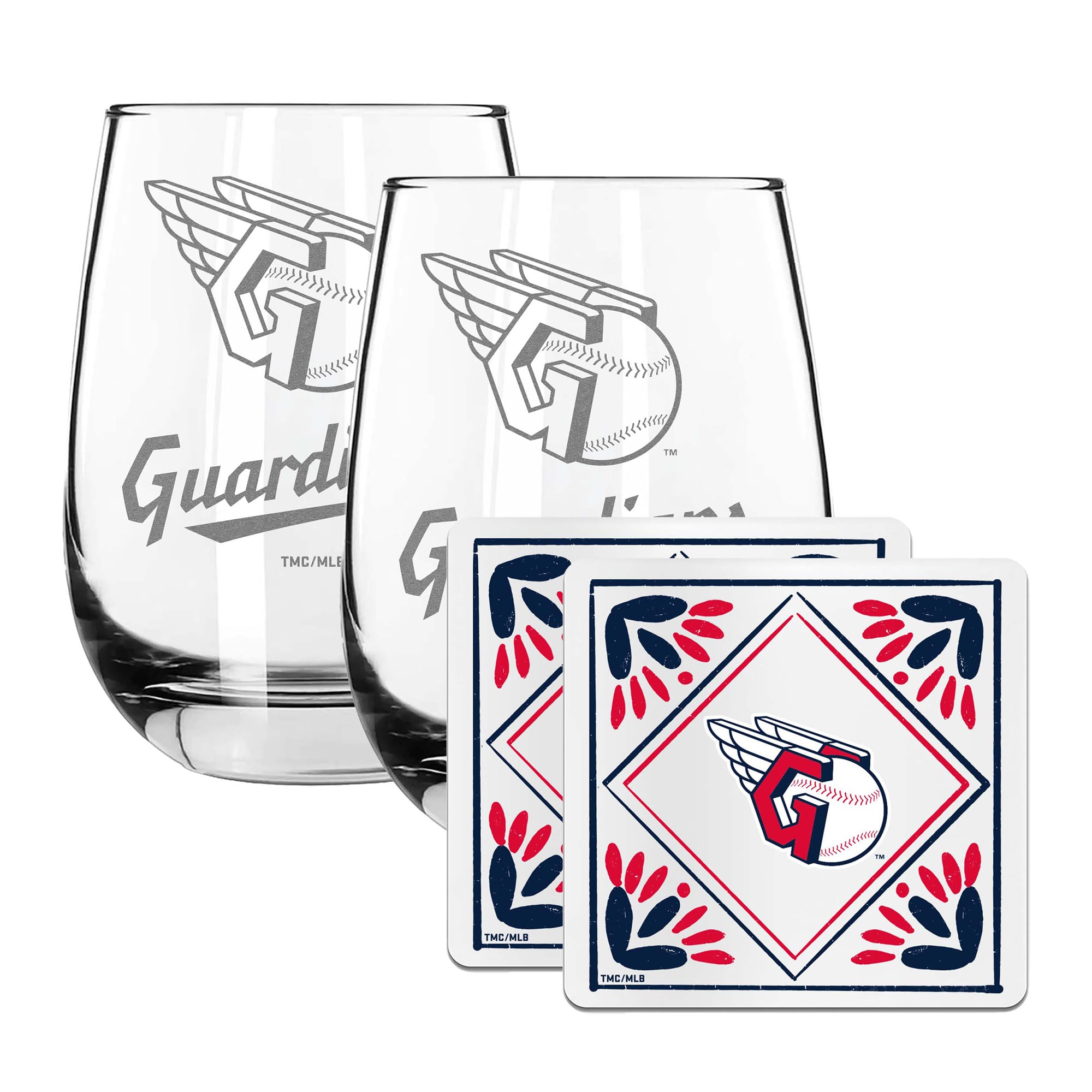 The Memory Company Cleveland Guardians 15oz. Stemless Wine Glass & Coaster Set