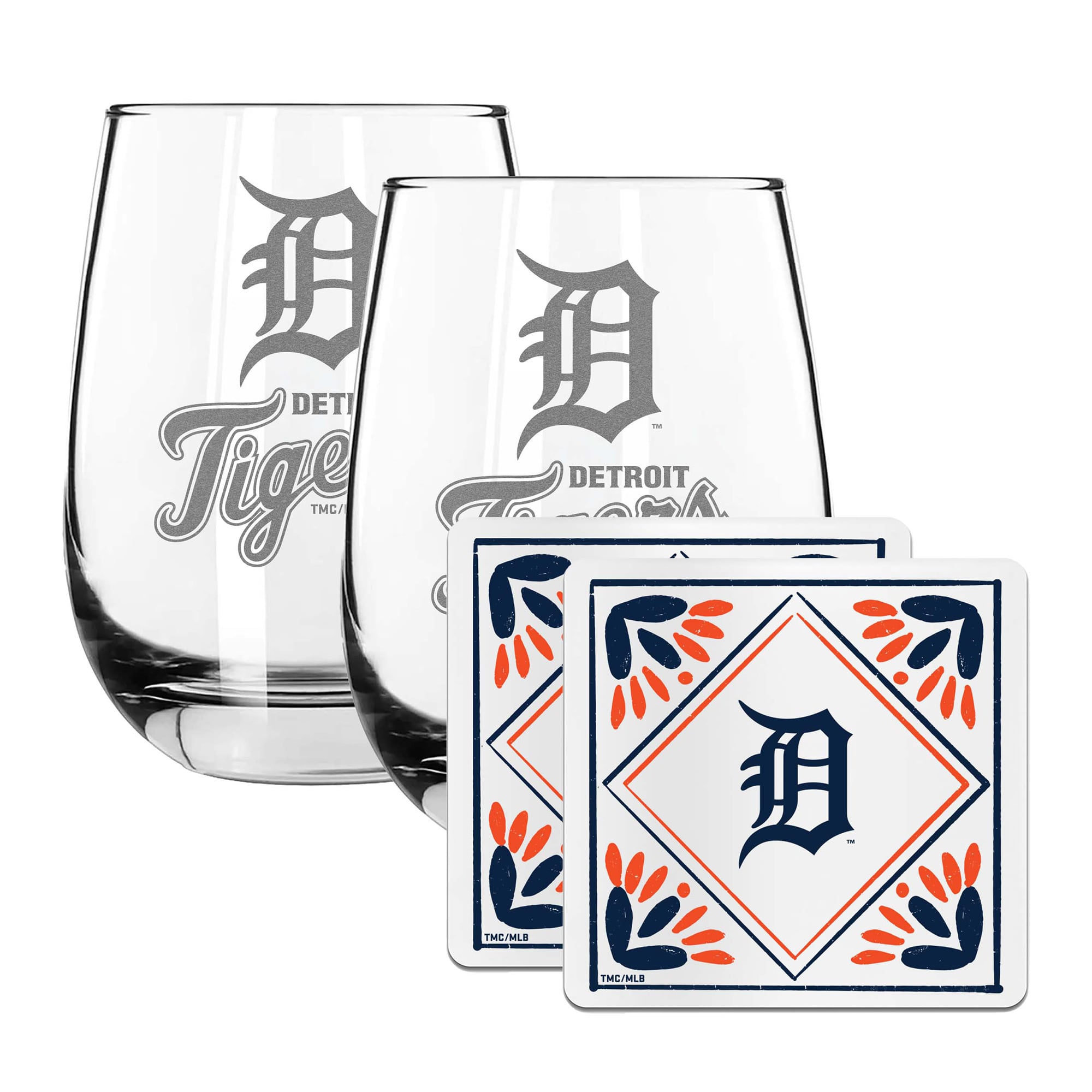 The Memory Company Detroit Tigers 15oz. Stemless Wine Glass & Coaster Set