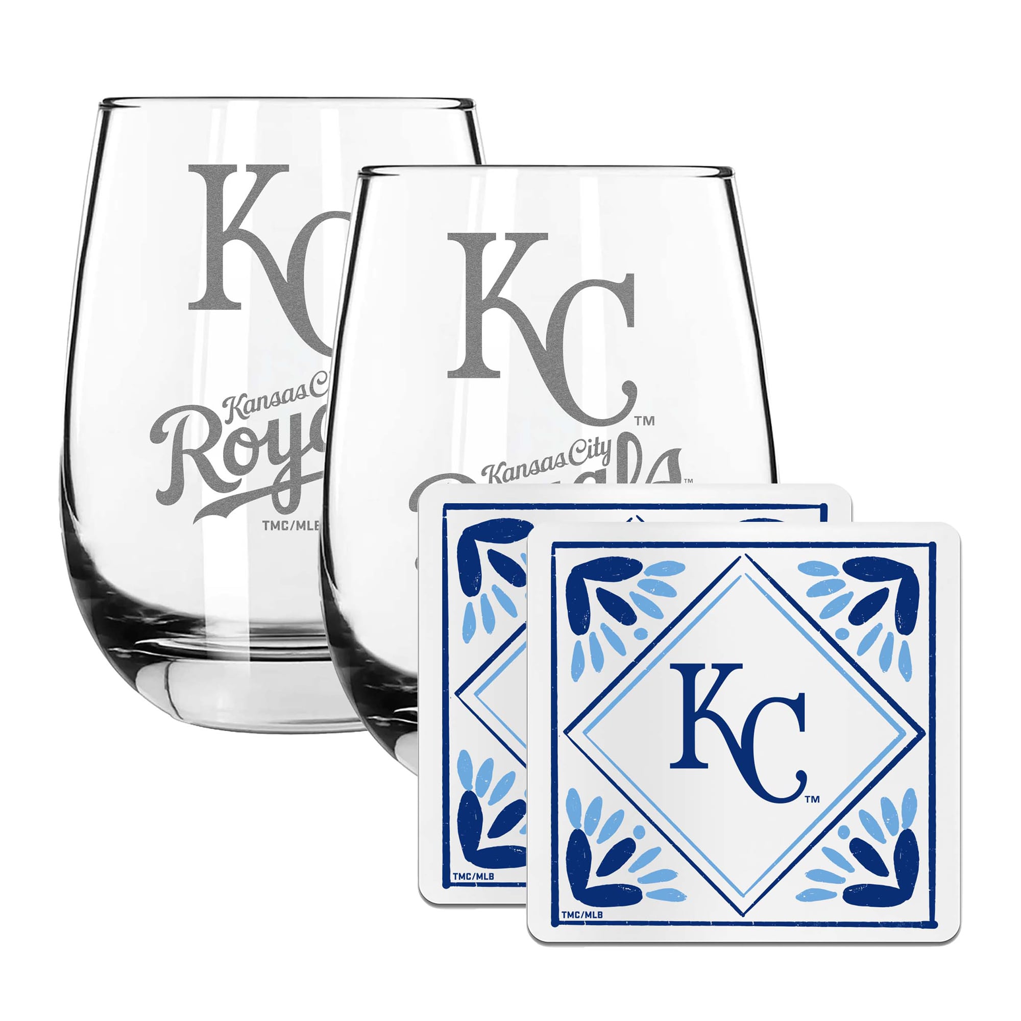 The Memory Company Kansas City Royals 15oz. Stemless Wine Glass & Coaster Set