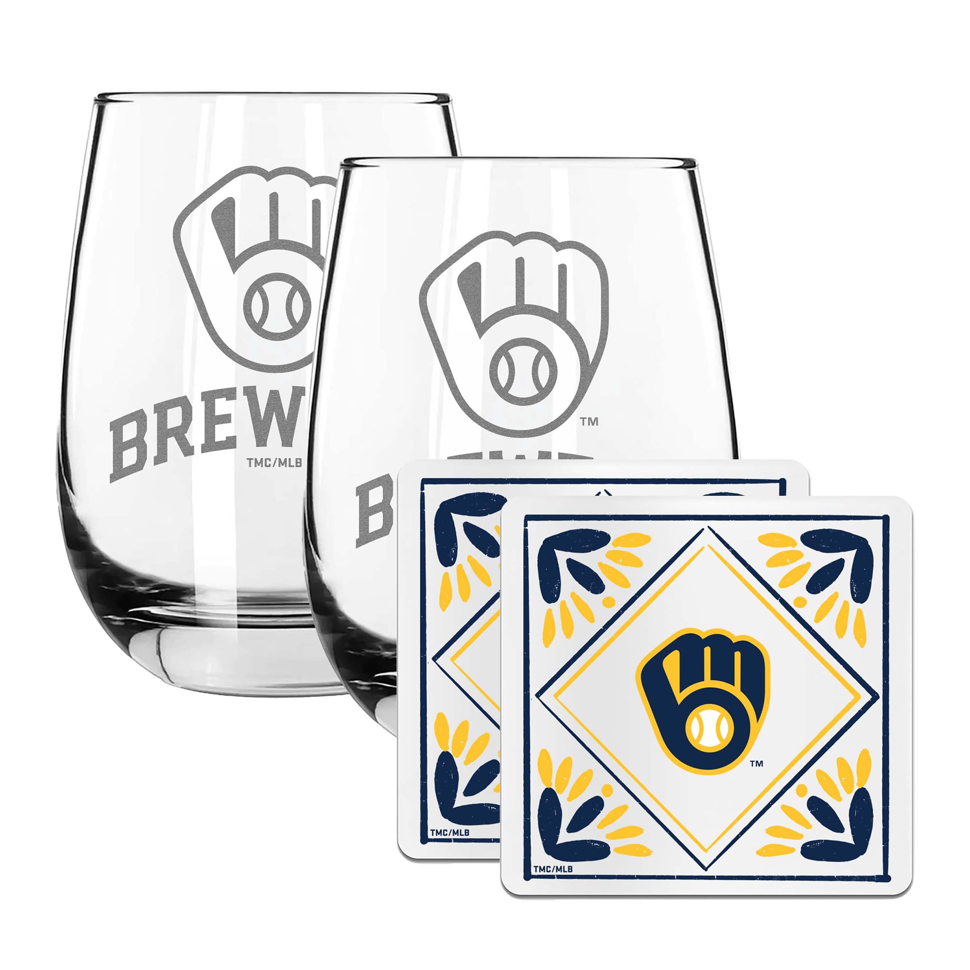 The Memory Company Milwaukee Brewers 15oz. Stemless Wine Glass & Coaster Set