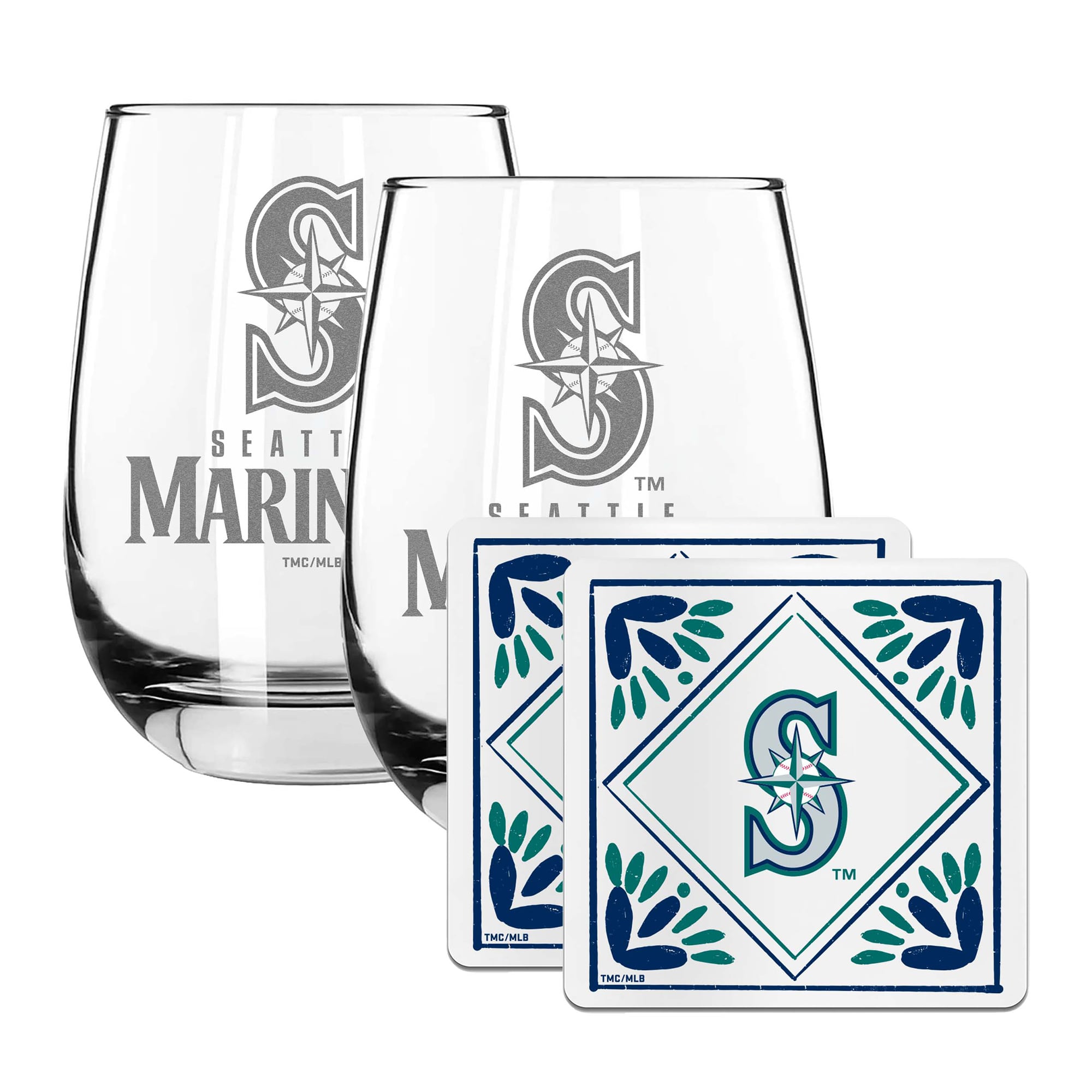 The Memory Company Seattle Mariners 15oz. Stemless Wine Glass & Coaster Set