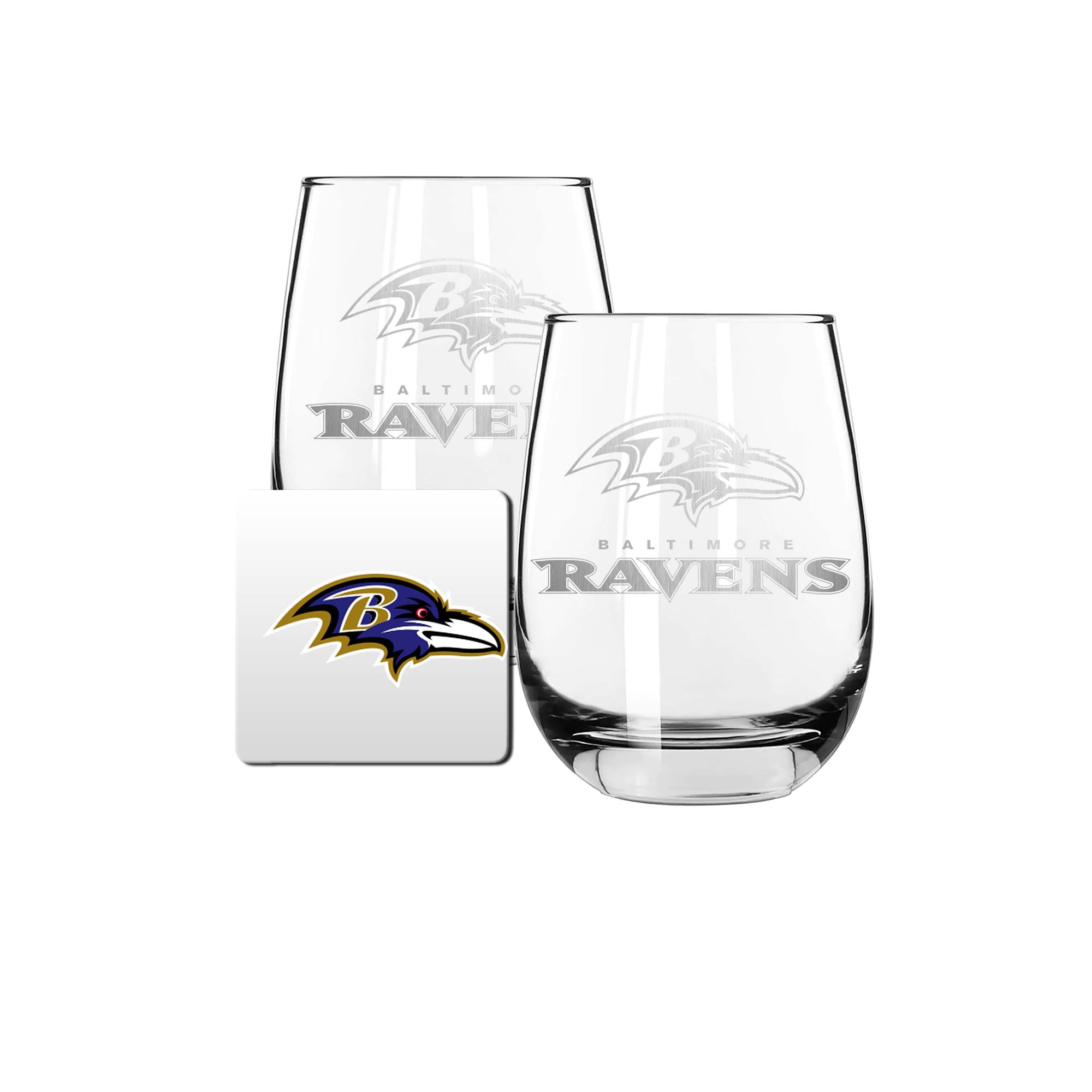 The Memory Company Baltimore Ravens 15oz. Stemless Wine Glass & Coaster Set The Memory Company Baltimore Ravens 15oz. Stemless Wine Glass & Coaster Set
