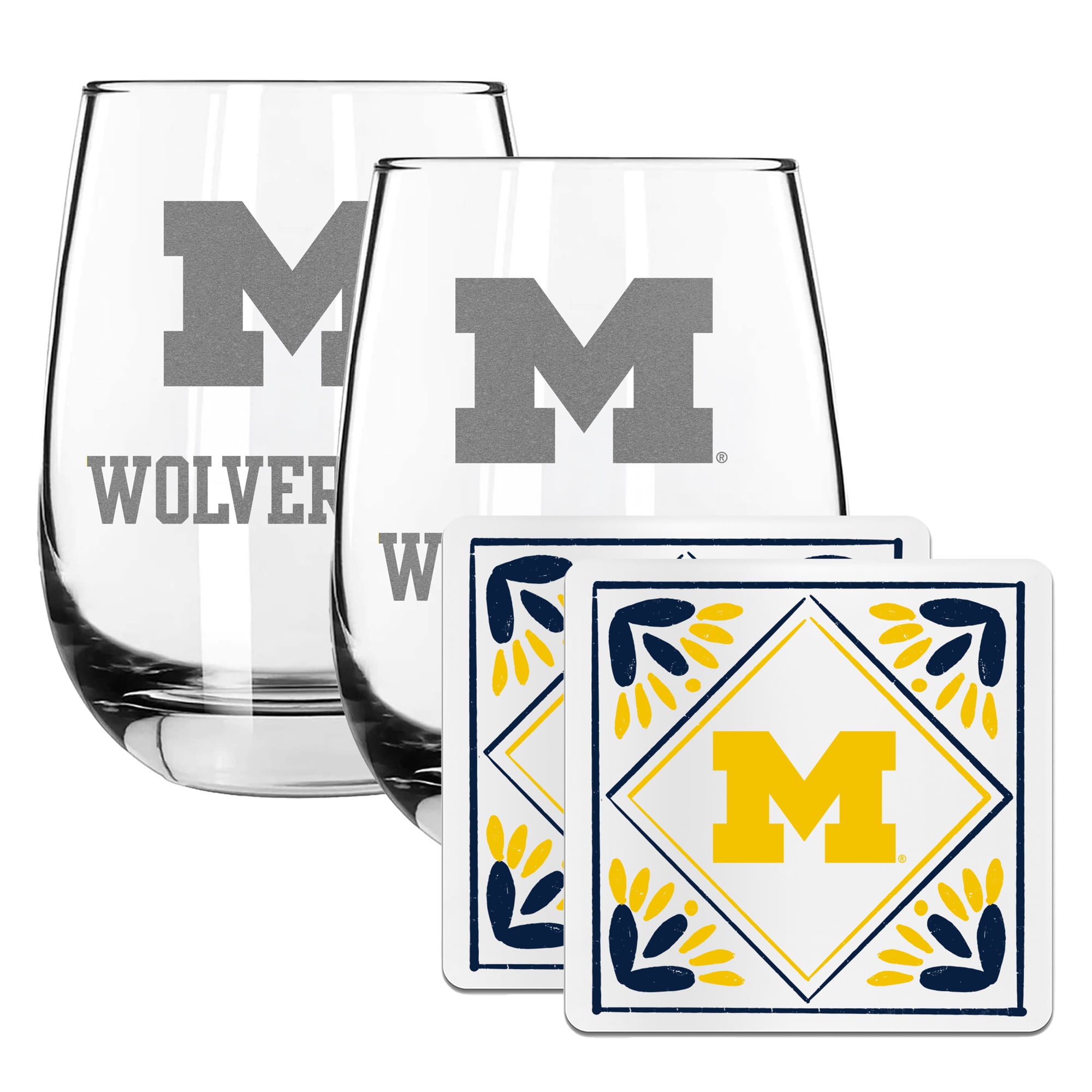 The Memory Company Michigan Wolverines 15oz. Stemless Wine Glass & Coaster Set