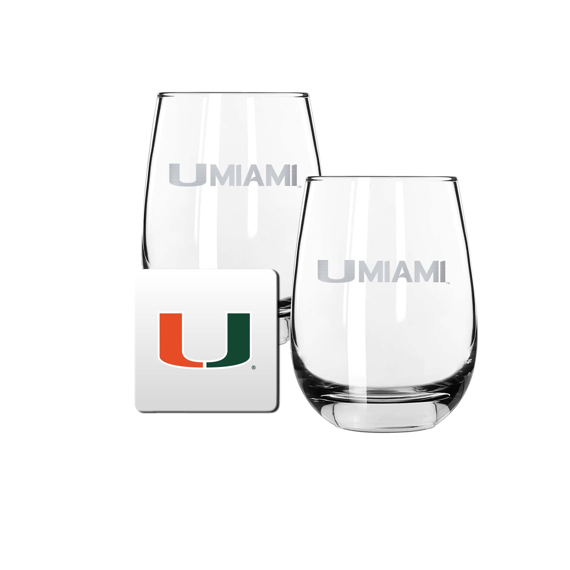 The Memory Company Miami Hurricanes 15oz. Stemless Wine Glass & Coaster Set