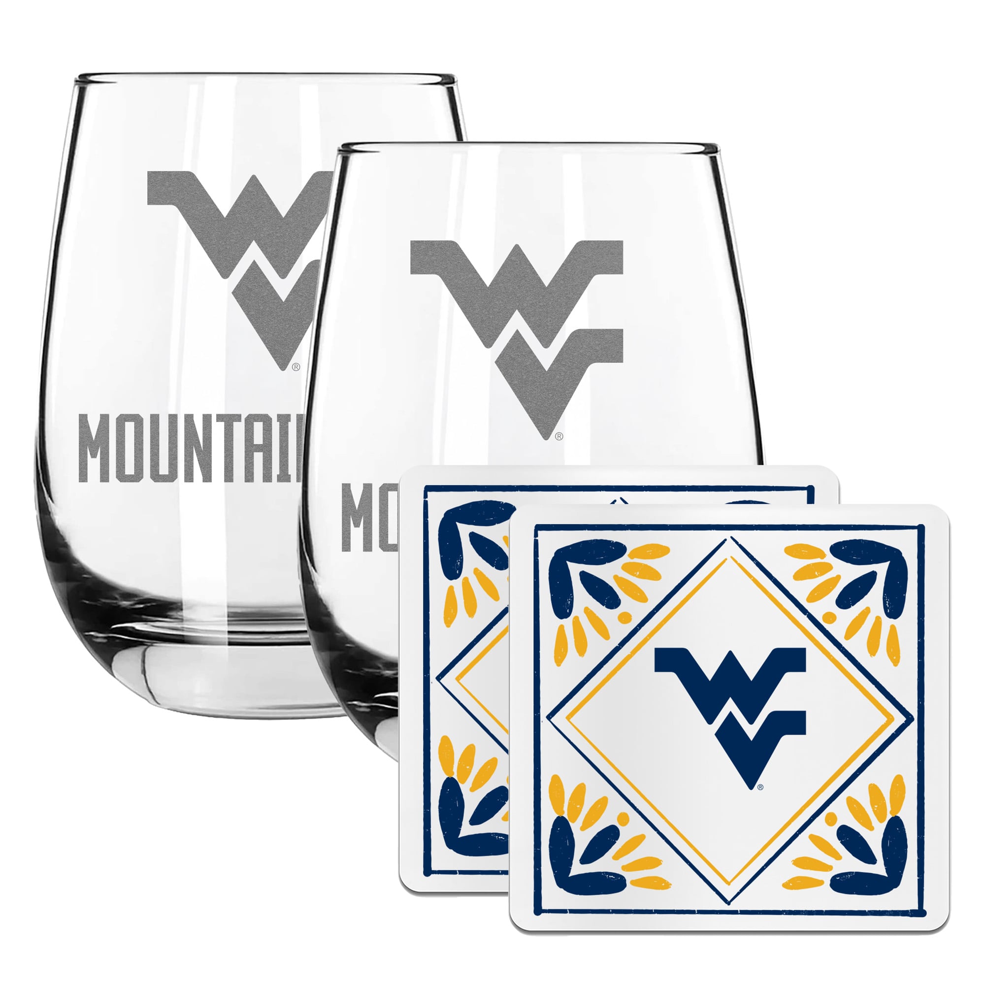 The Memory Company West Virginia Mountaineers 15oz. Stemless Wine Glass & Coaster Set