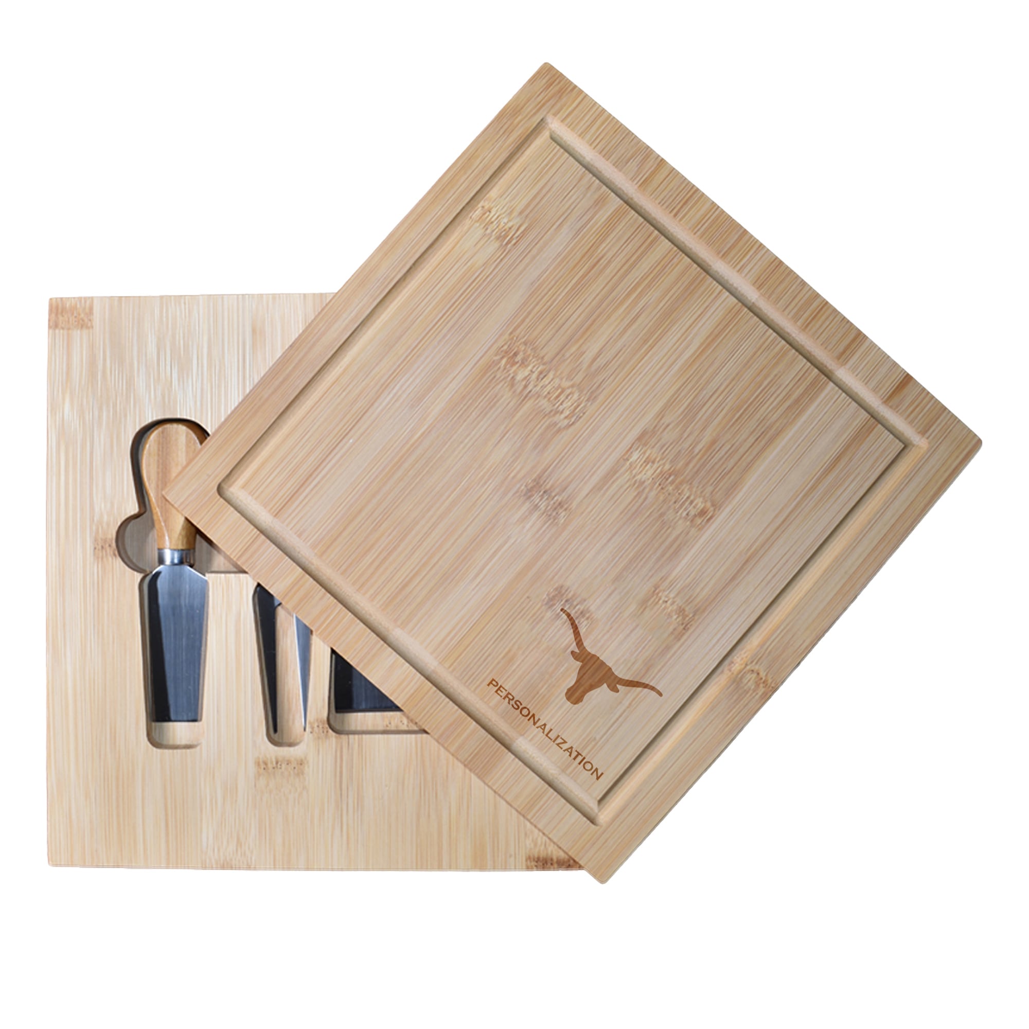 Texas Longhorns Customized Bamboo Cutting Board with Utensils