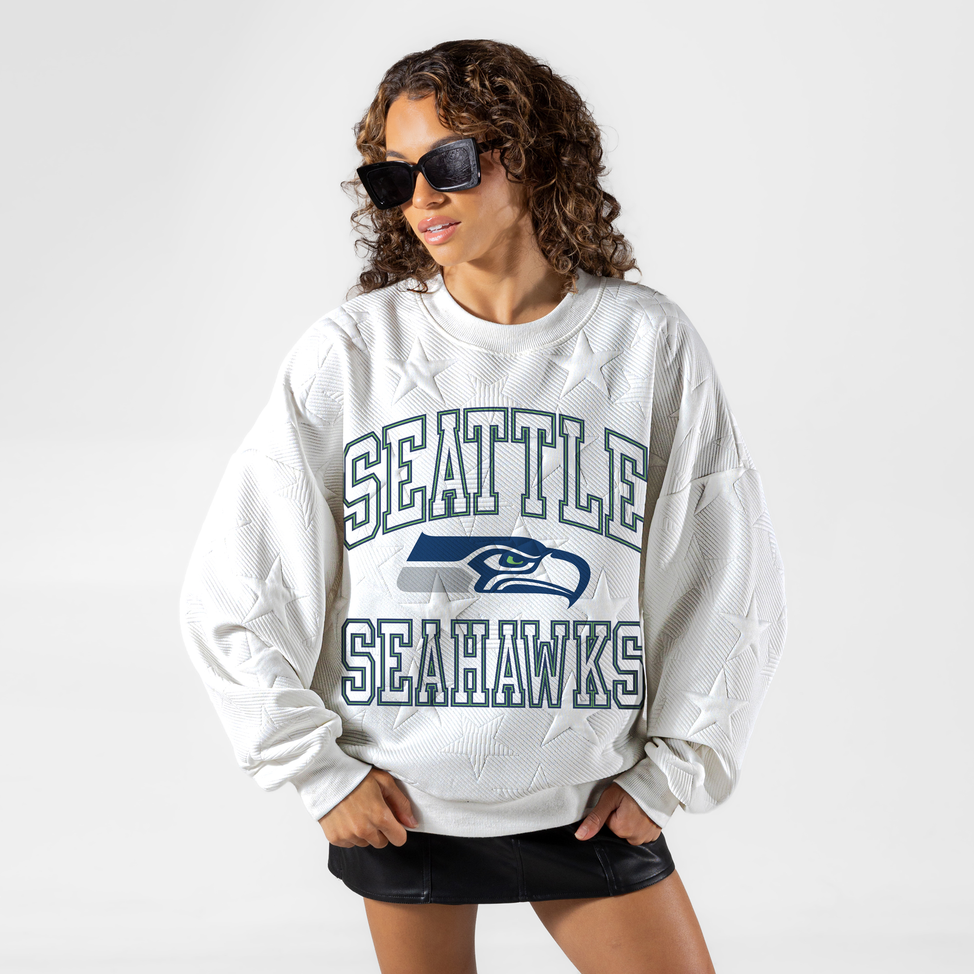 Women's Gameday Couture White Seattle Seahawks Big Play Energy Tonal Star Embossed Sweatshirt