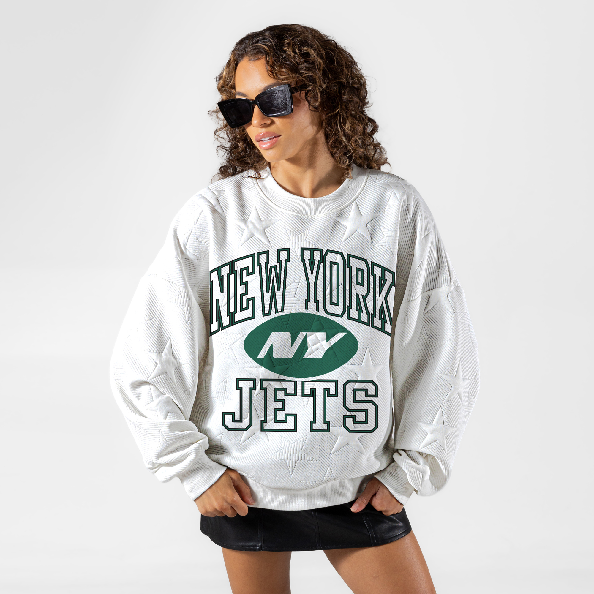 Women's Gameday Couture White New York Jets Big Play Energy Tonal Star Embossed Sweatshirt