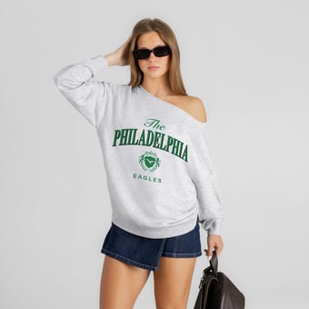 Women's Gameday Couture Ash Philadelphia Eagles Offsides Energy Off-Shoulder Sweatshirt