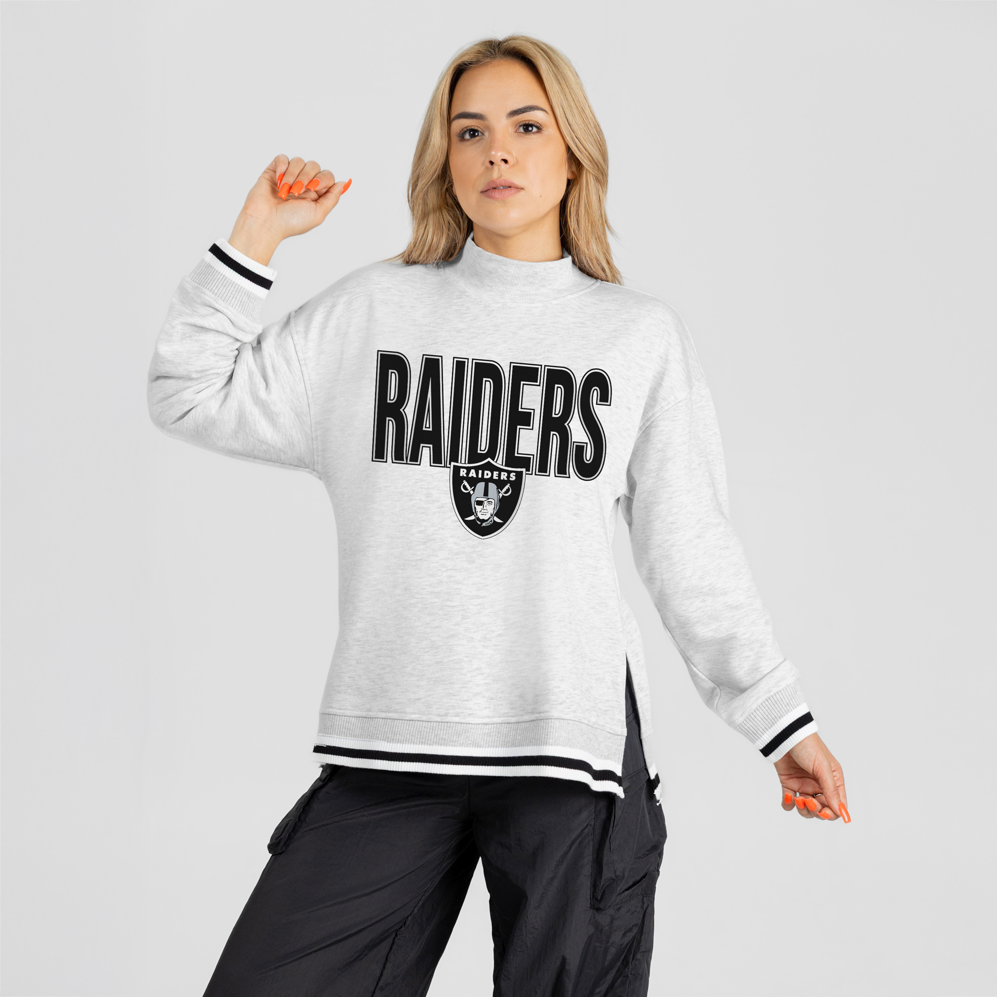 Women’s Gameday Couture Ash Las Vegas Raiders Rally Point Contrast Stripe Mock Neck Sweatshirt Women’s Gameday Couture Ash Las Vegas Raiders Rally Point Contrast Stripe Mock Neck Sweatshirt