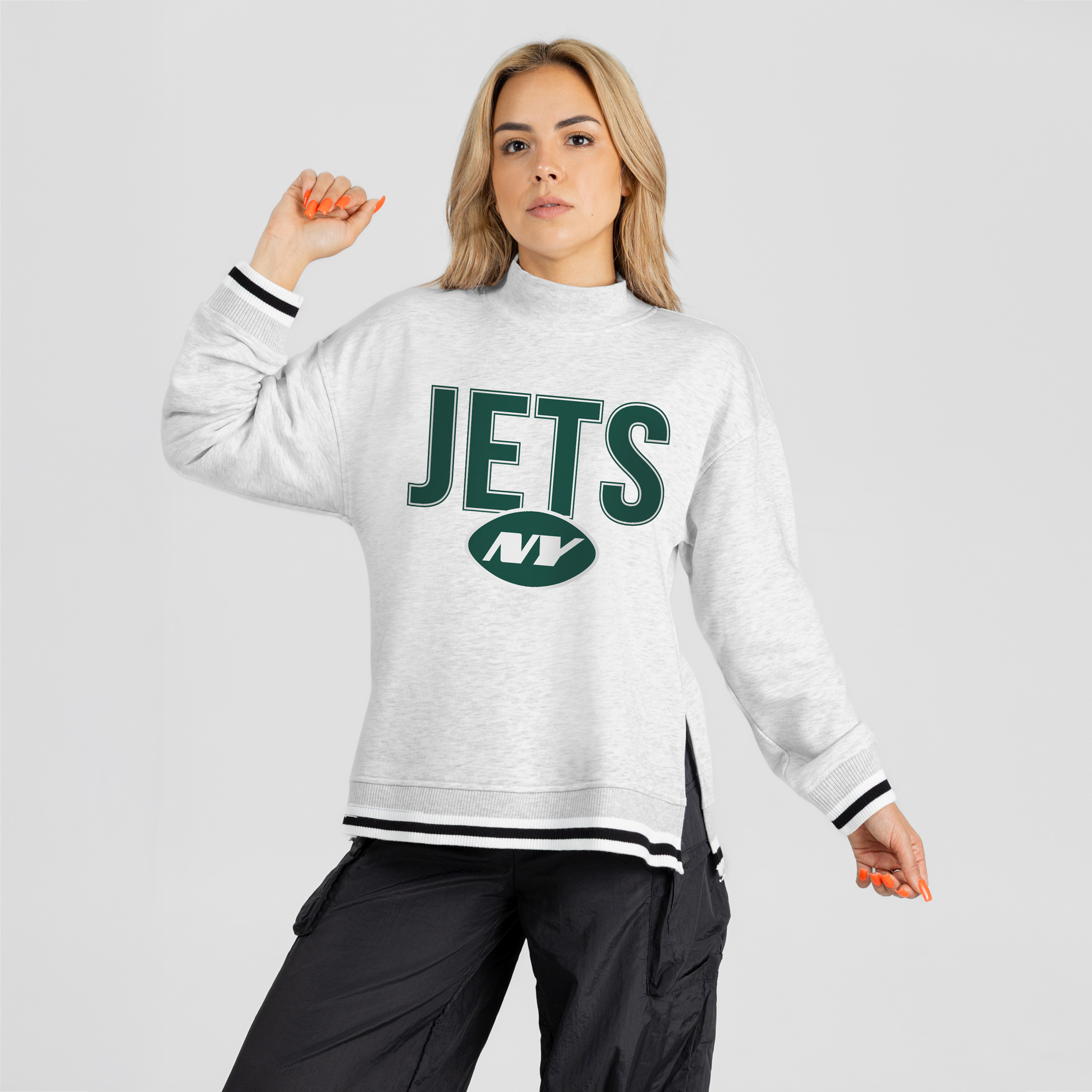 Women's Gameday Couture Ash New York Jets Rally Point Contrast Stripe Mock Neck Sweatshirt
