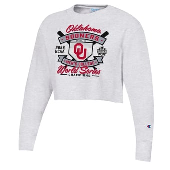 Women's Champion Gray Oklahoma Sooners 2026 NCAA Baseball Men's College World Series Champions Cropped Crewneck Sweatshirt