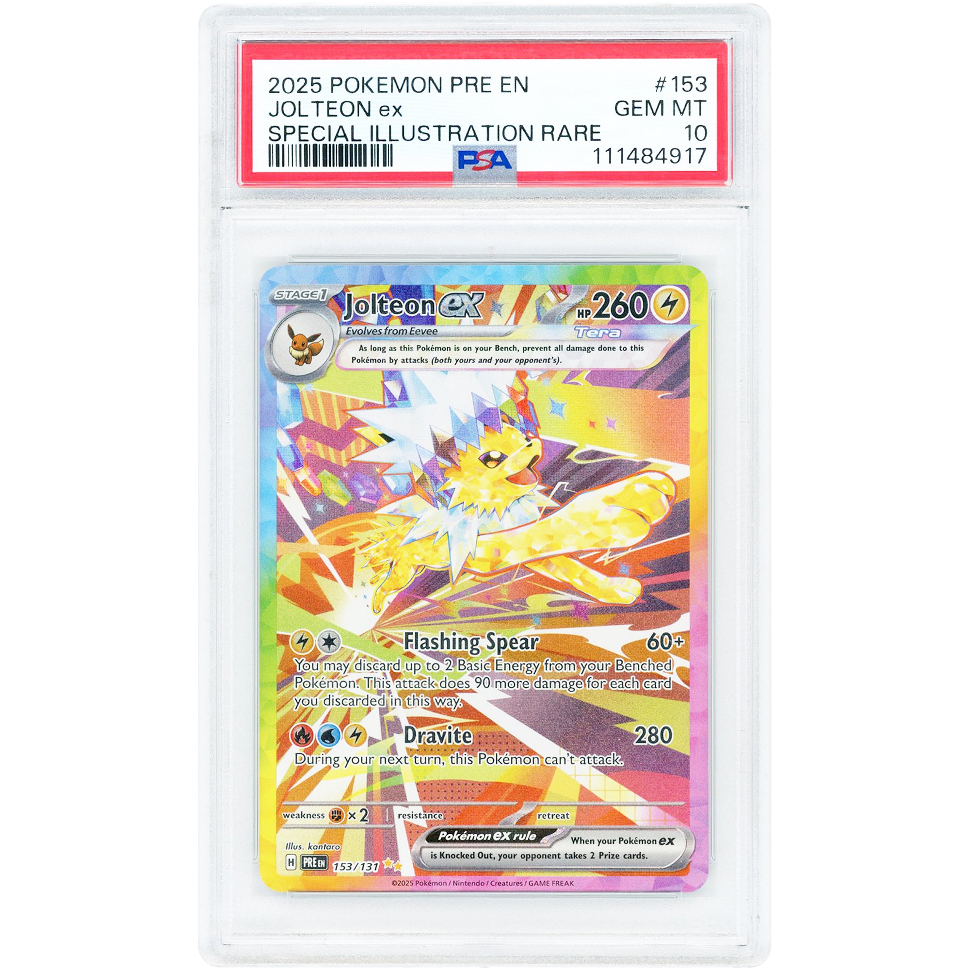 Jolteon EX 2025 Pokemon Prismatic Evolutions Special Illustration Rare #153 PSA Authenticated 10 Card