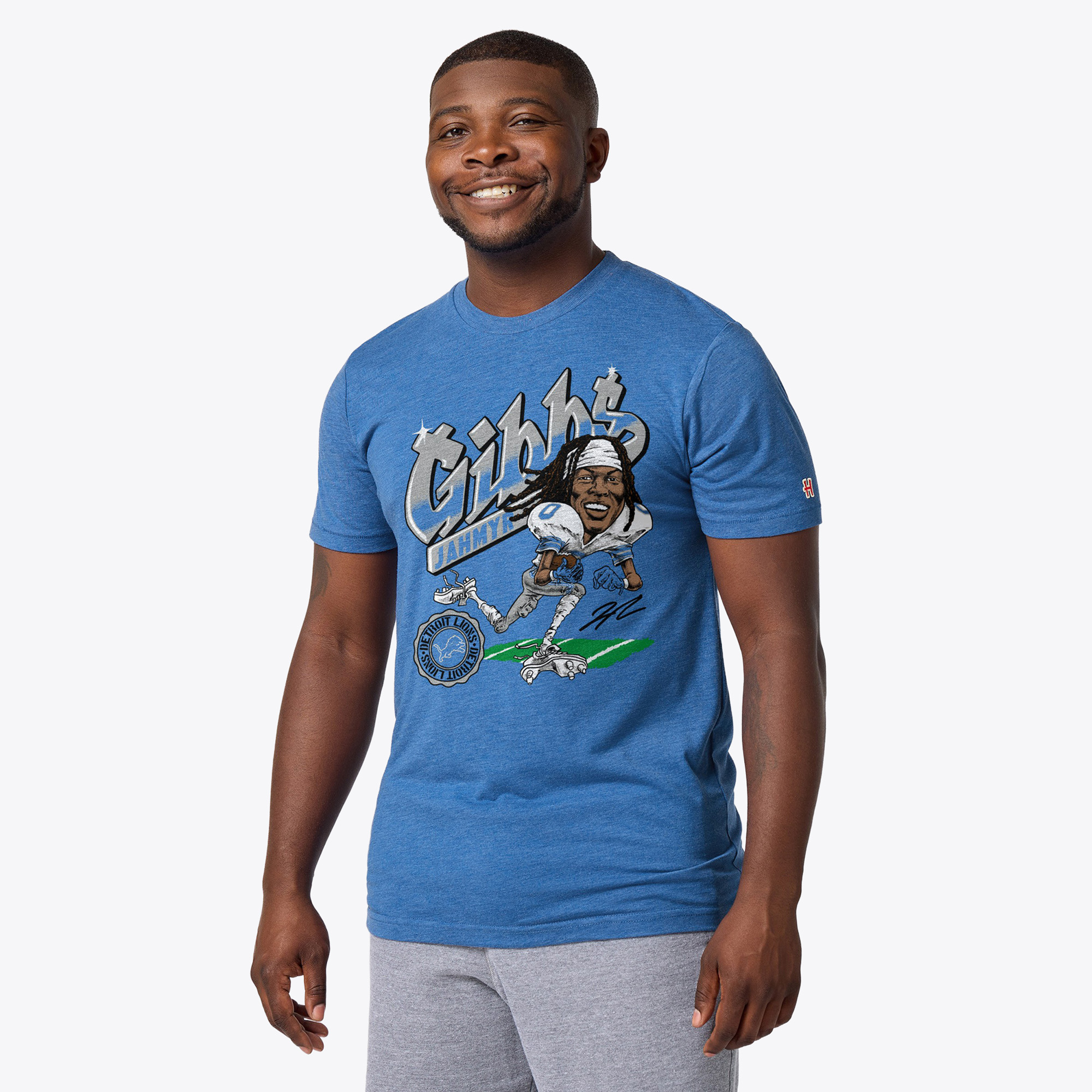 Unisex Homage Jahmyr Gibbs Royal Detroit Lions Caricature Player Graphic Tri-Blend T-Shirt