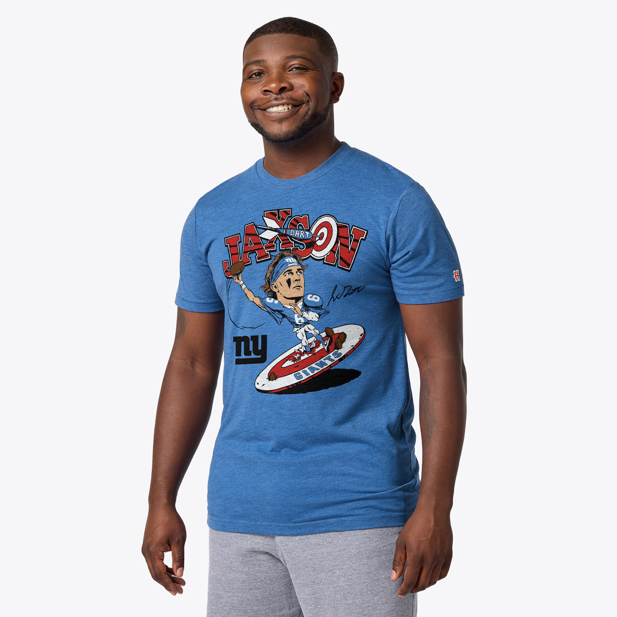 Homage Men's and Women's Jaxson Dart Royal New York Giants Caricature Player Graphic Tri-Blend T-Shirt - Royal