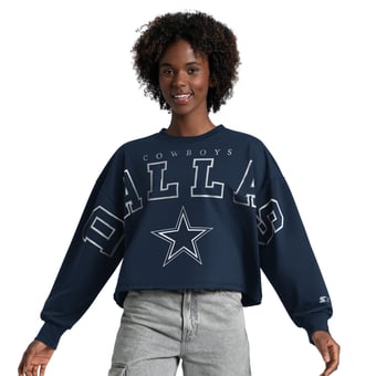 Women's Starter Navy Dallas Cowboys Bleachers Cropped Sweatshirt