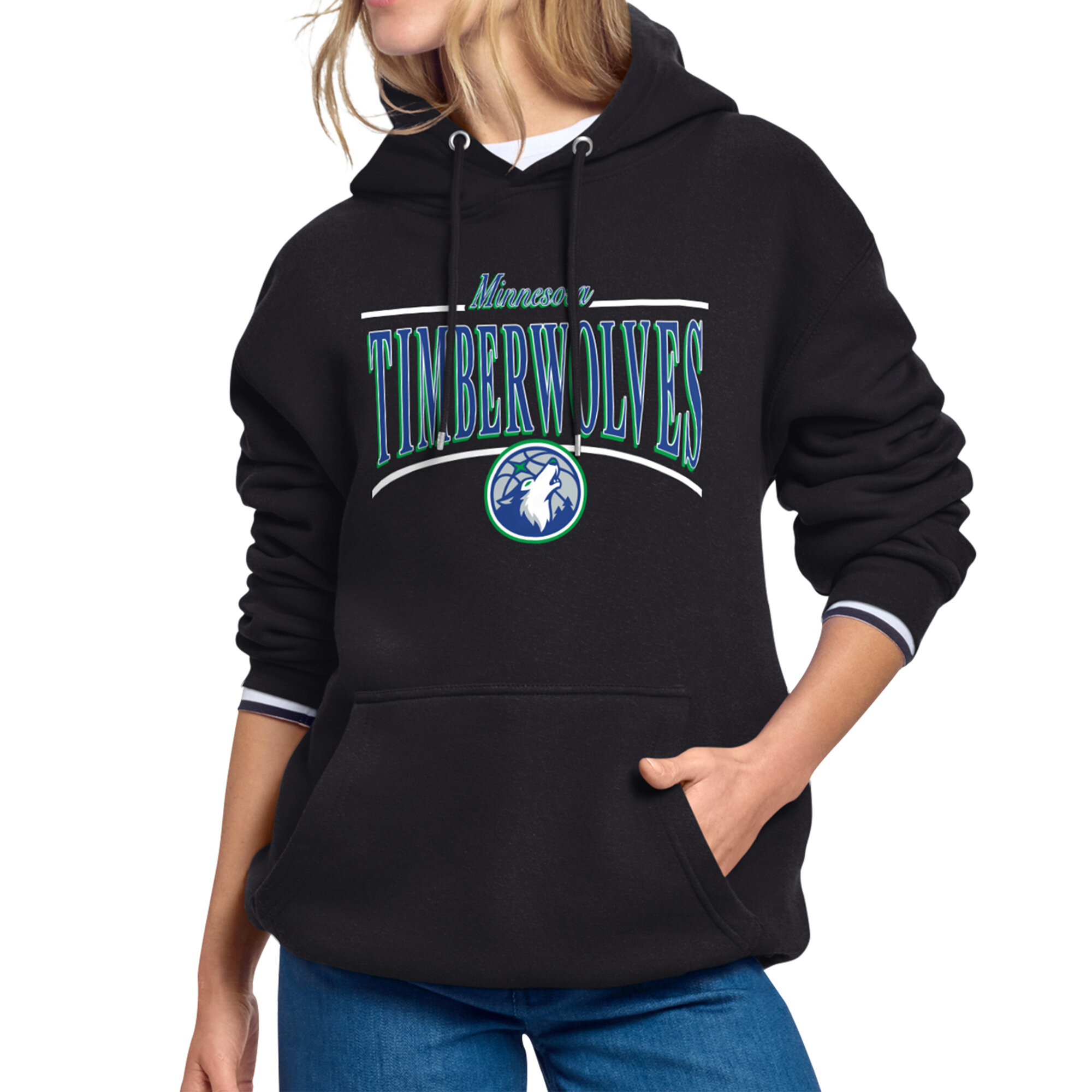Women's Starter Black Minnesota Timberwolves Arch Stripe Fleece Hoodie