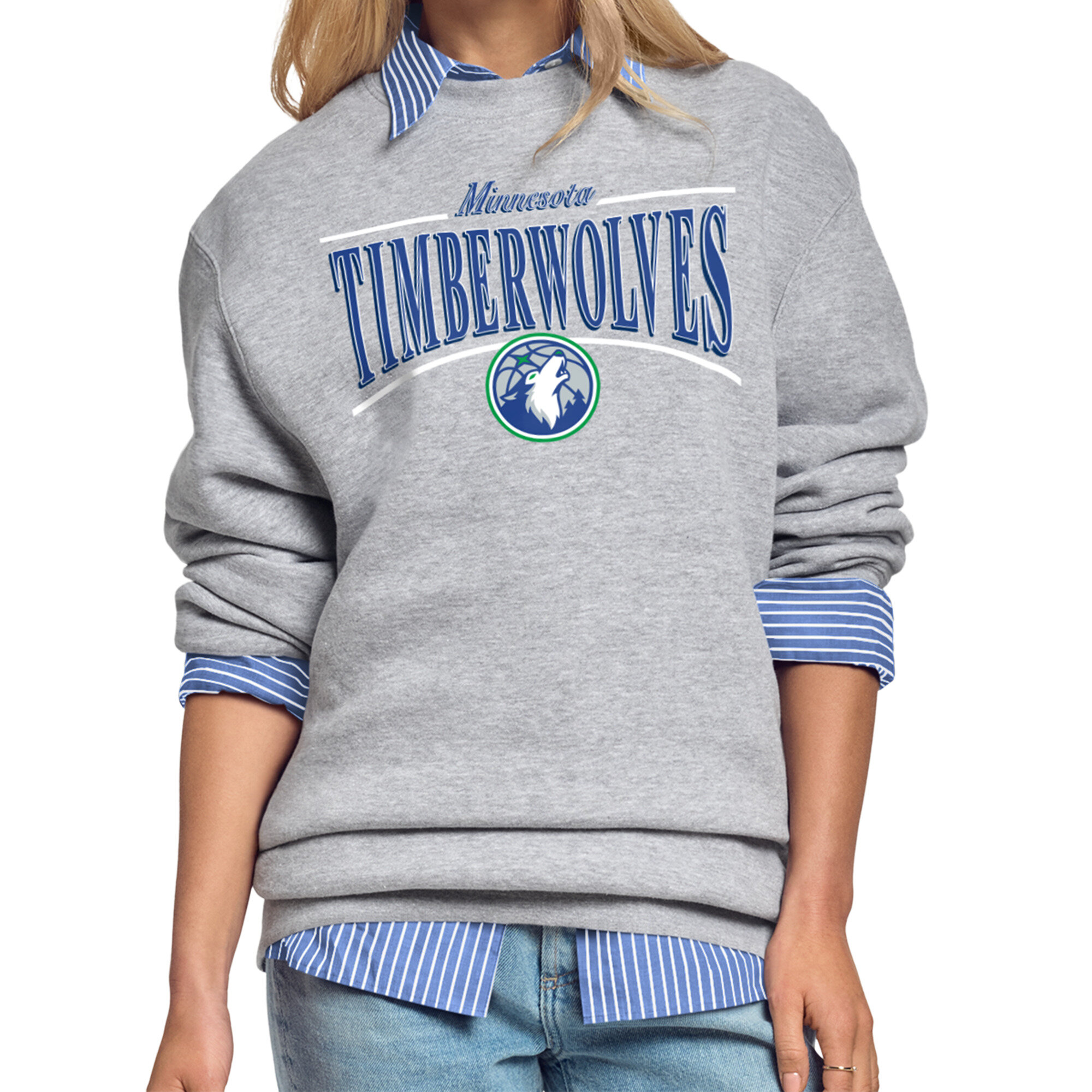 Women's Starter Gray Minnesota Timberwolves Arch Stripe Fleece Sweatshirt
