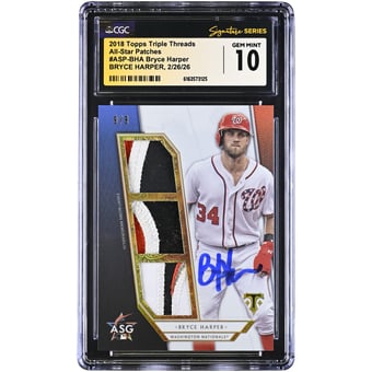 Bryce Harper Washington Nationals Autographed 2018 Topps Triple Threads All-Star Patches Relic #ASP-BHA #9/9 CGC Authenticated GEM MINT 10 Card