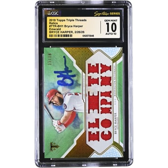 Bryce Harper Washington Nationals Autographed 2018 Topps Triple Threads Relics Emerald #TTR-BH1 #/18 CGC Authenticated 10/10 Card
