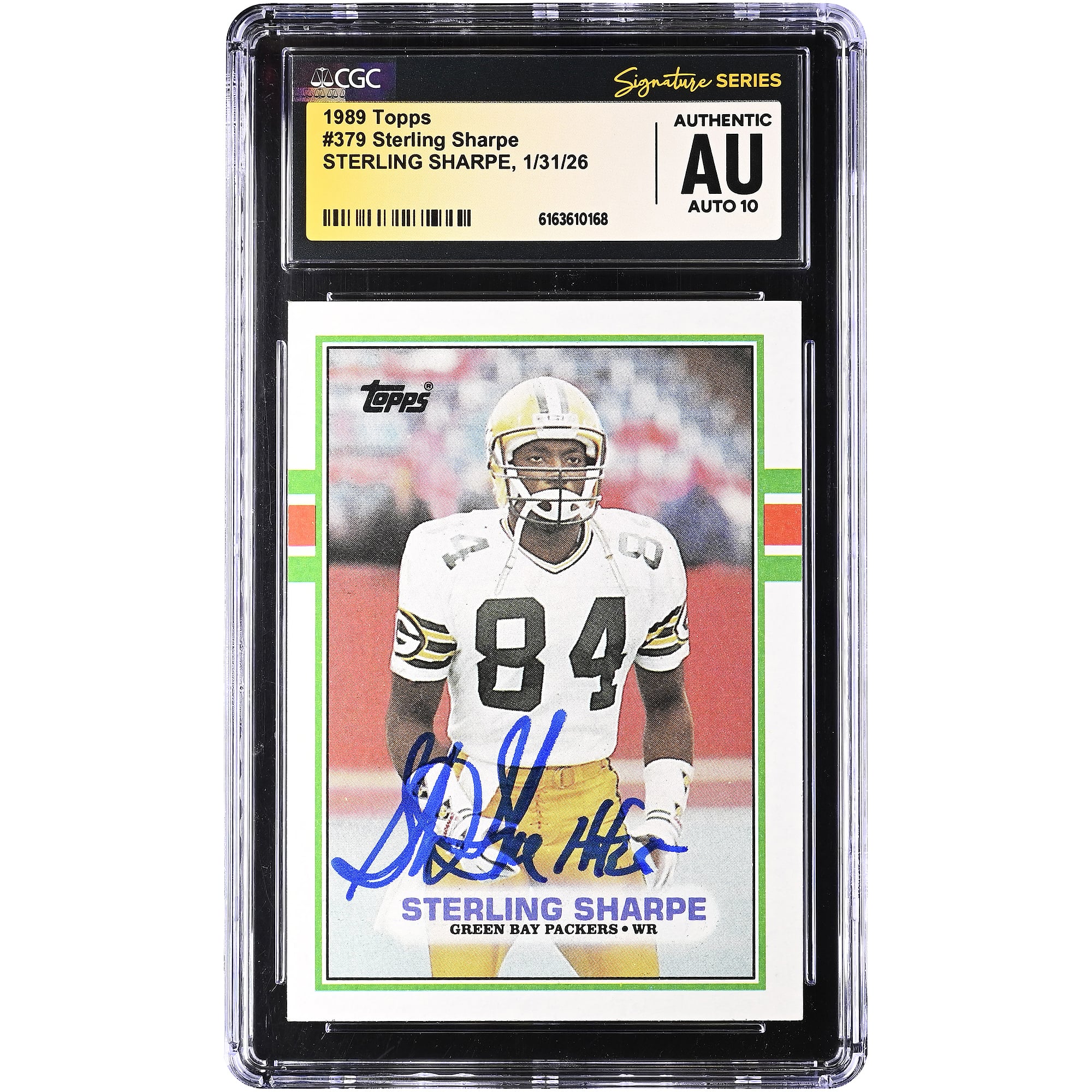Sterling Sharpe Green Bay Packers Autographed 1989 Topps #379 CGC Authenticated Auto 10 Rookie Card with HOF 25 Inscription. rookie card picture