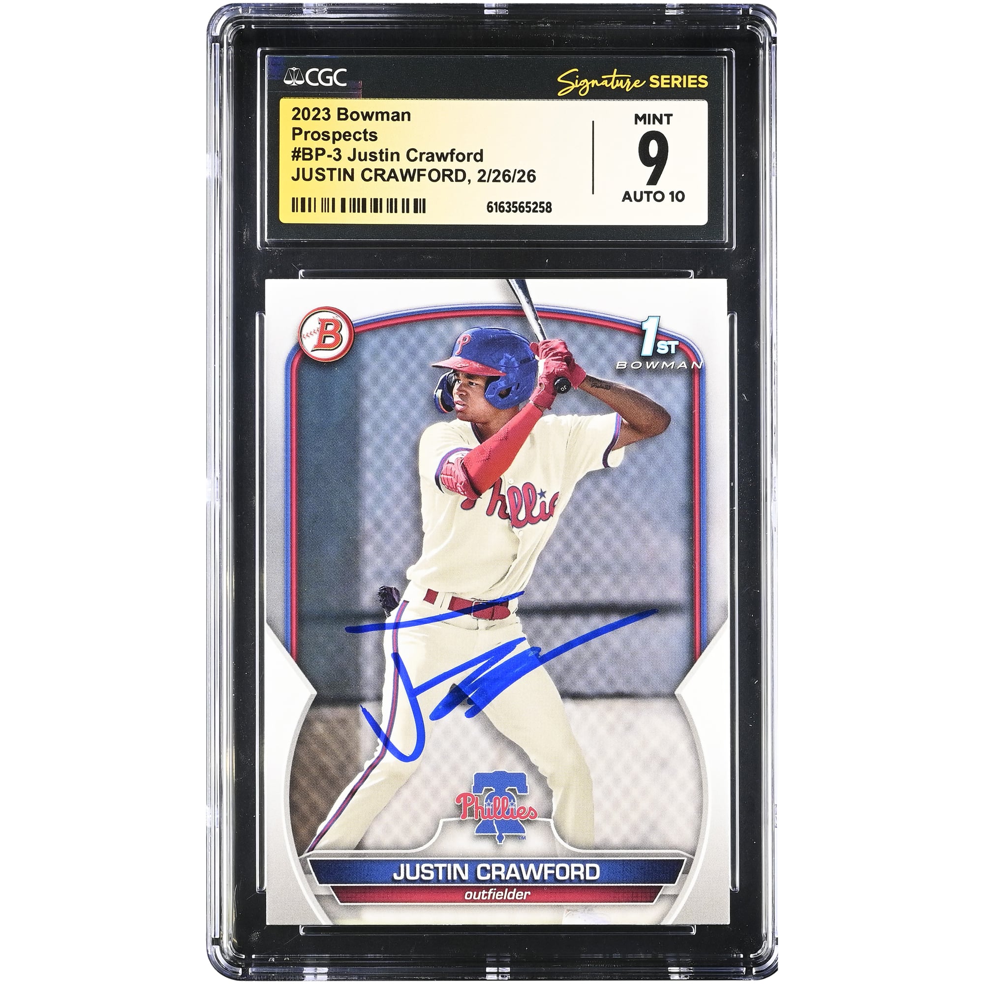 Justin Crawford Philadelphia Phillies Autographed 2023 Bowman Prospects #BP-3 CGC Authenticated 9/10 Card. rookie card picture