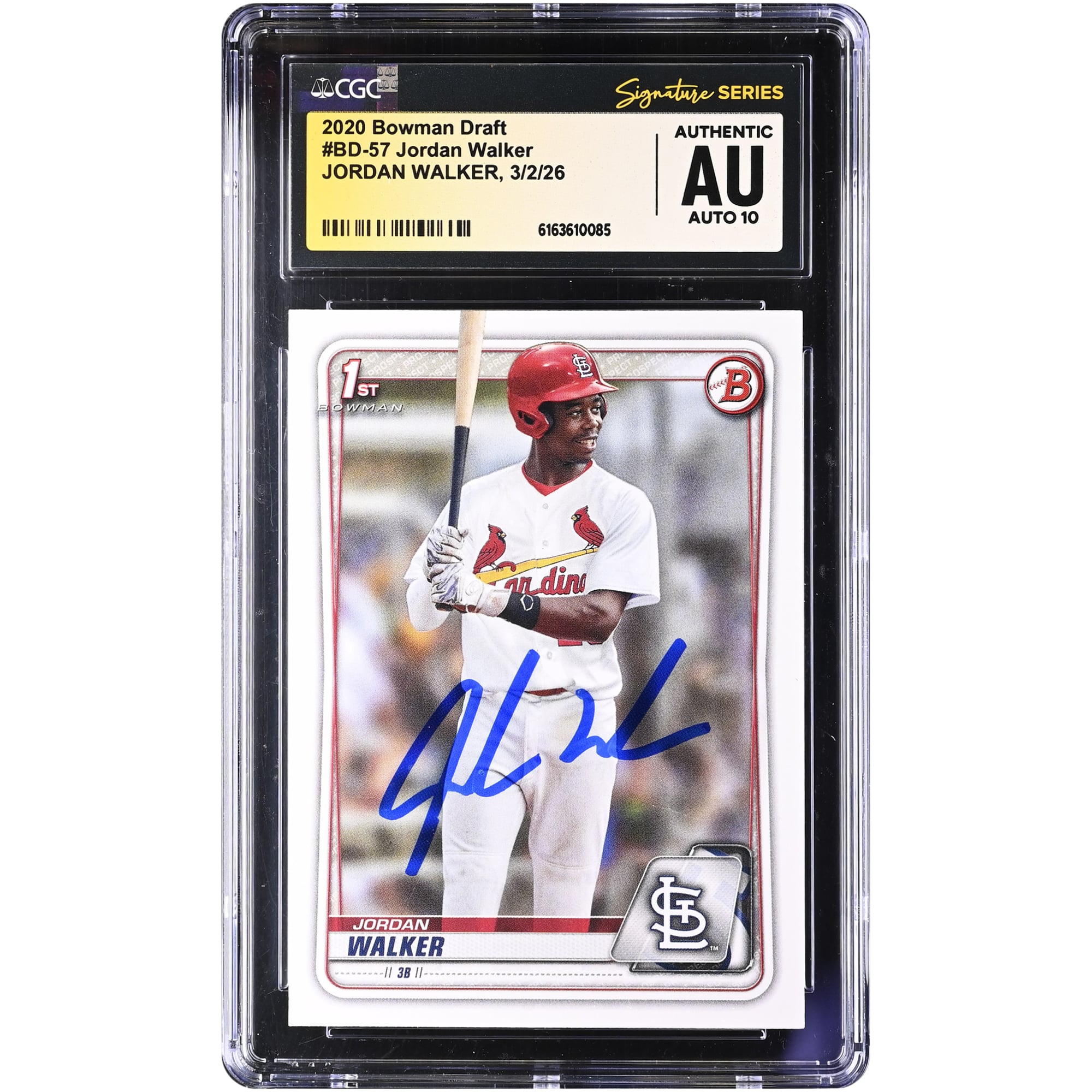 Jordan Walker St. Louis Cardinals Autographed 2020 Bowman Draft #BD-57 CGC Authenticated Auto 10 Card. rookie card picture