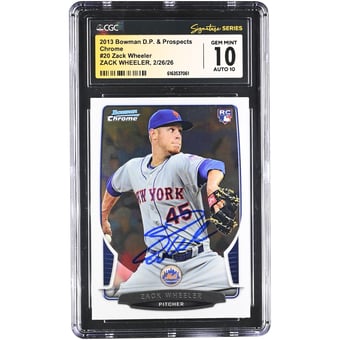Zack Wheeler New York Mets Autographed 2013 Bowman Draft Picks & Prospects Chrome #20 CGC Authenticated 10/10 Rookie Card