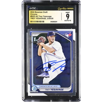 Trey Yesavage Toronto Blue Jays Autographed 2024 Bowman Draft Chrome #BDC-92 CGC Authenticated 9/10 Card
