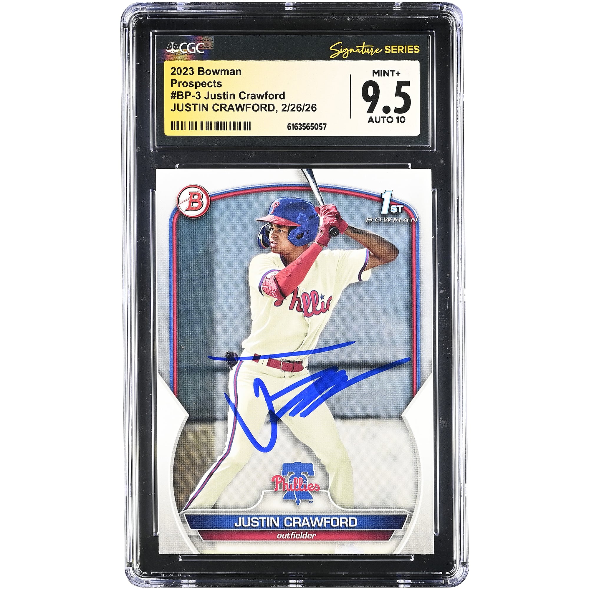 Justin Crawford Philadelphia Phillies Autographed 2023 Bowman Prospects #BP-3 CGC Authenticated 9.5/10 Card. rookie card picture